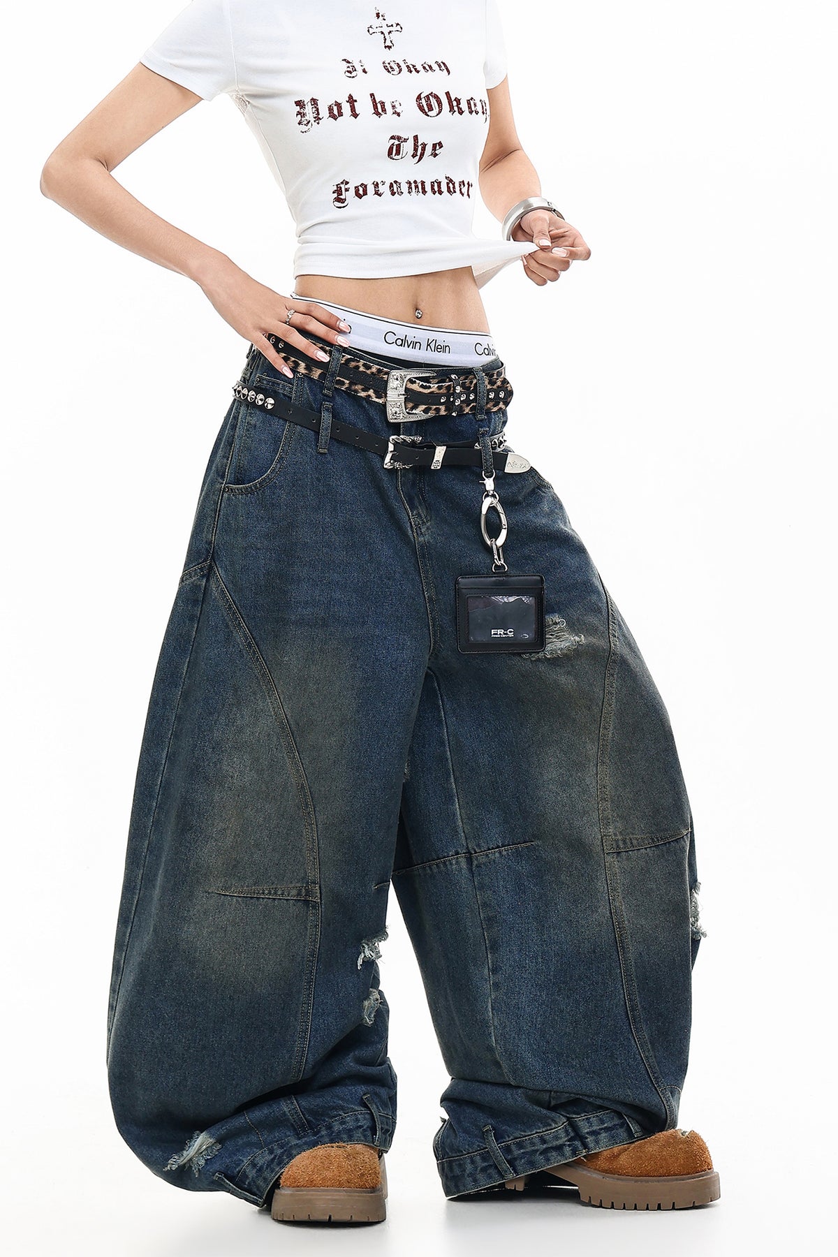 FREE CENTER Distressed Washed Curve Wide-Leg Jeans