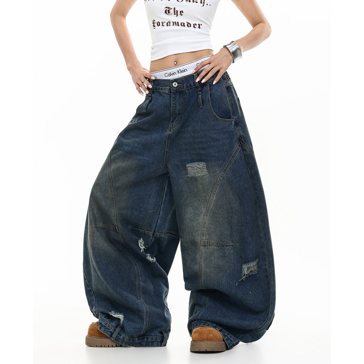 FREE CENTER Distressed Washed Curve Wide-Leg Jeans