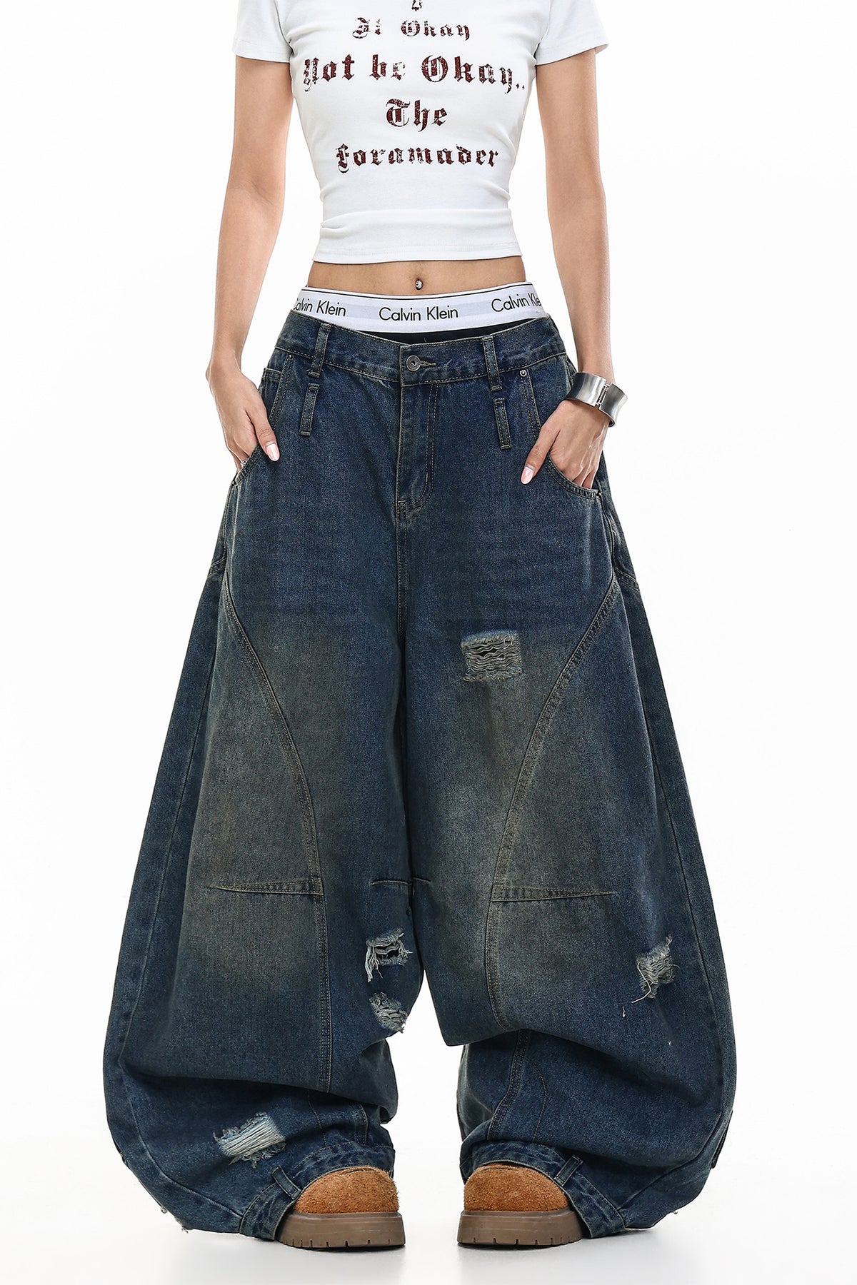 FREE CENTER Distressed Washed Curve Wide-Leg Jeans