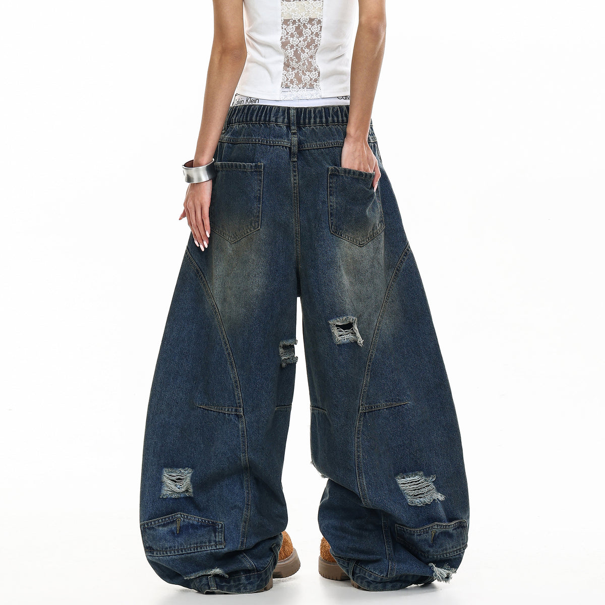 FREE CENTER Distressed Washed Curve Wide-Leg Jeans