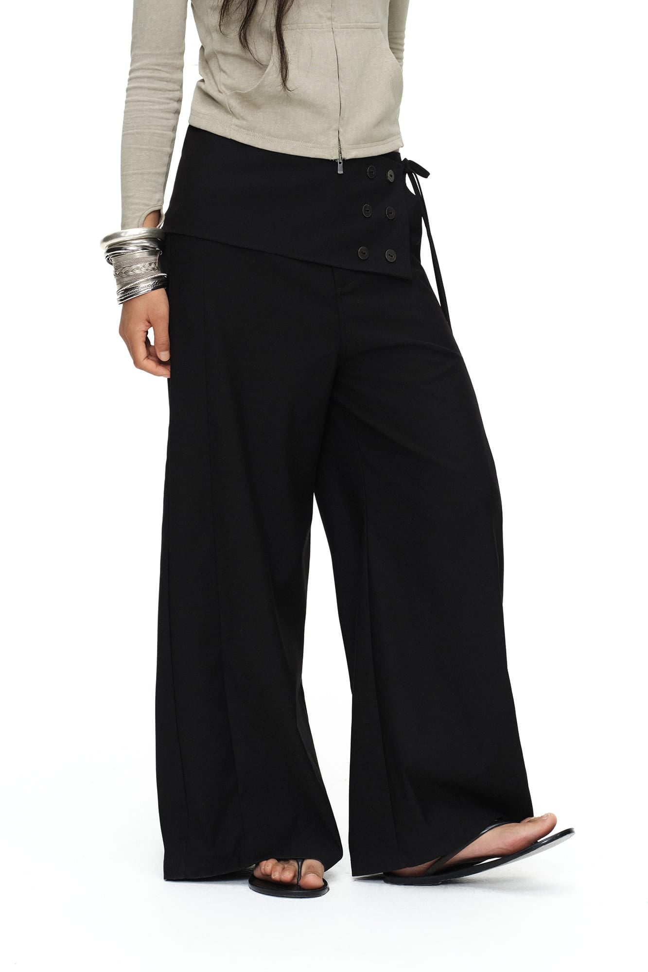 OINIMI Detachable Buttoned Wrap-Front Wide-Leg Pants