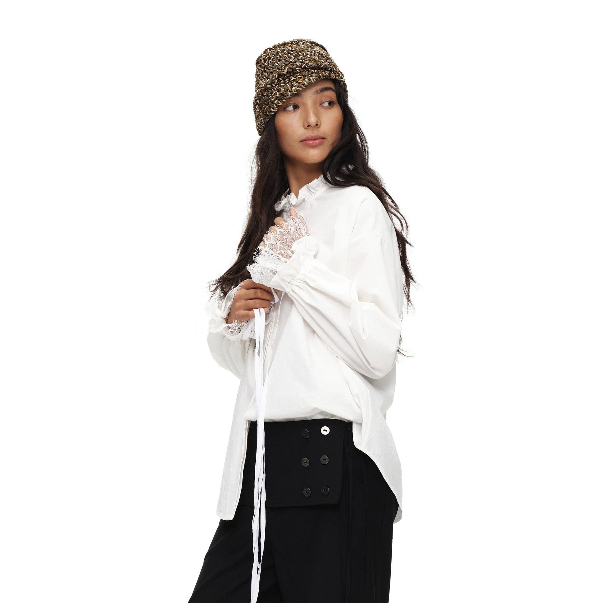 OINIMI Ruffled Collar Lace Drawstring-Cuff Shirt