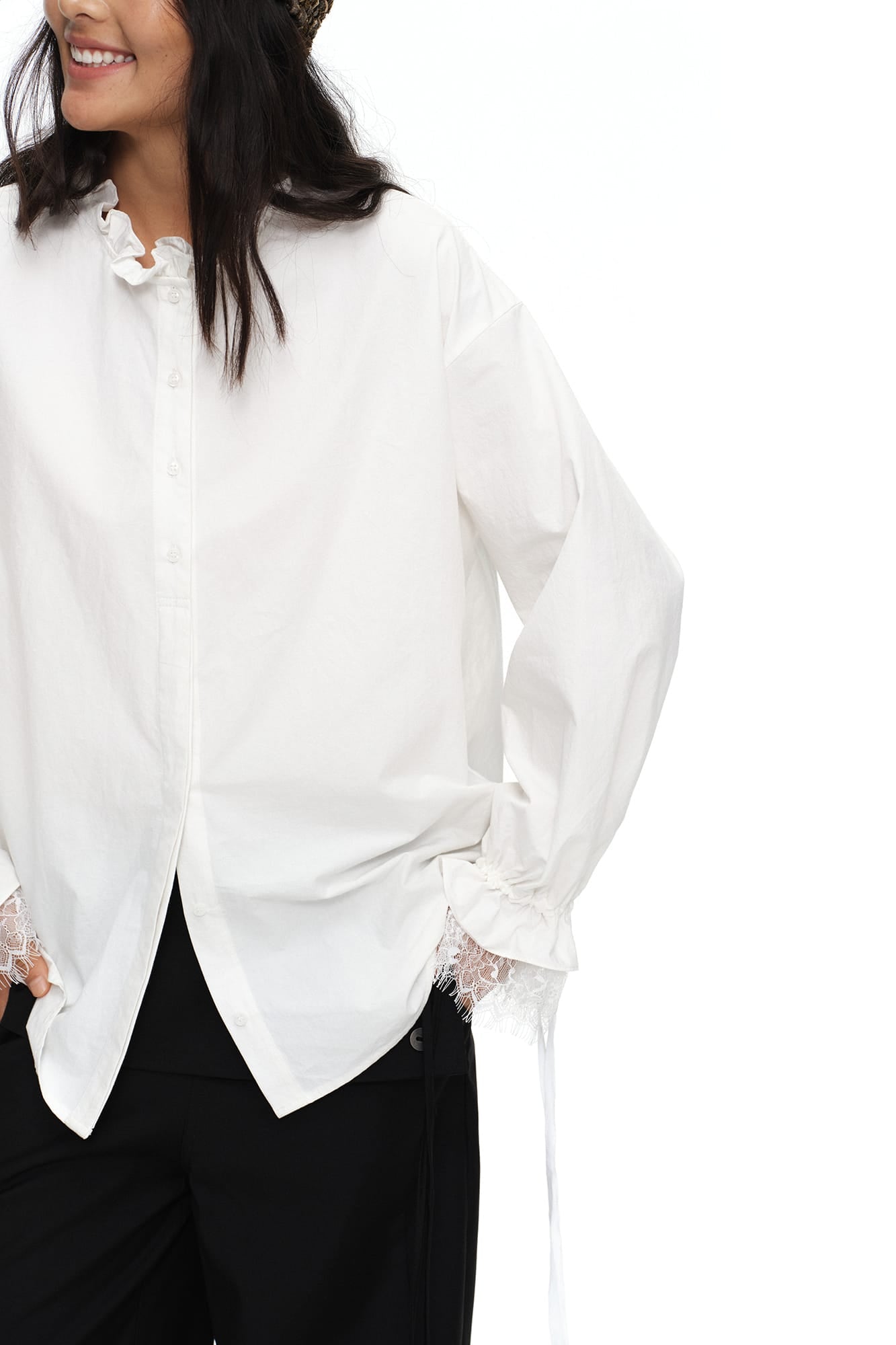 OINIMI Ruffled Collar Lace Drawstring-Cuff Shirt