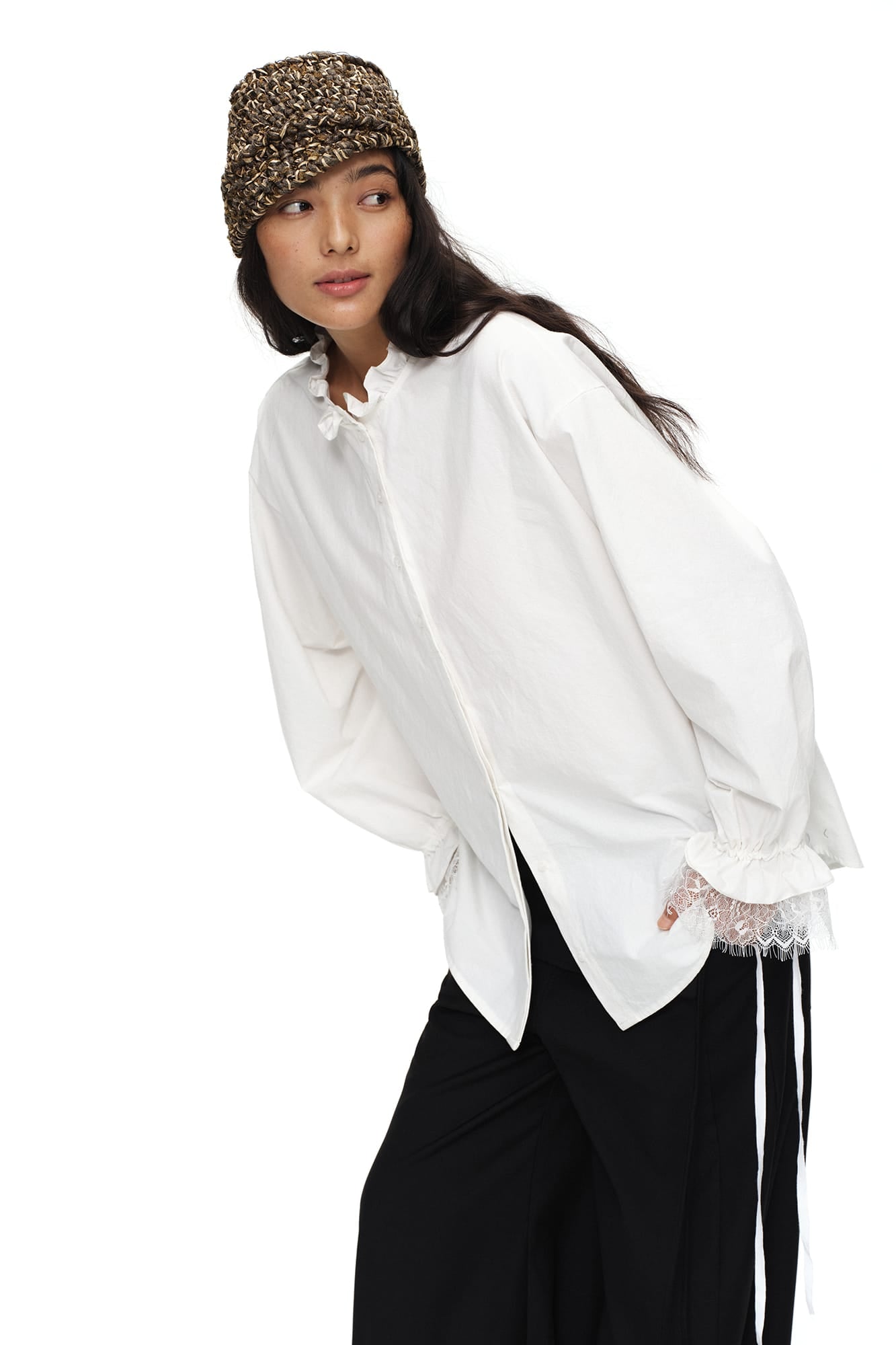 OINIMI Ruffled Collar Lace Drawstring-Cuff Shirt