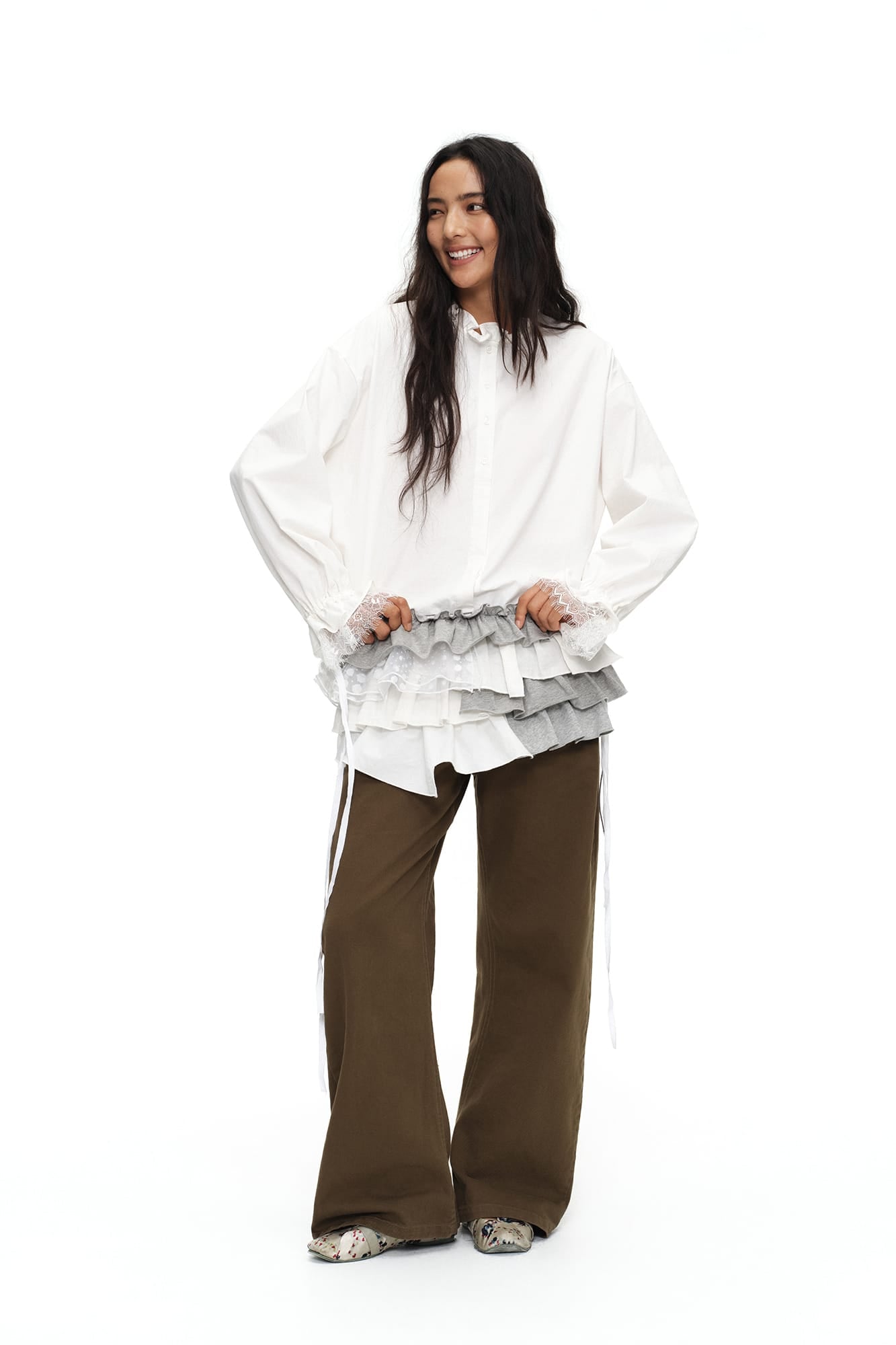 OINIMI Ruffled Collar Lace Drawstring-Cuff Shirt