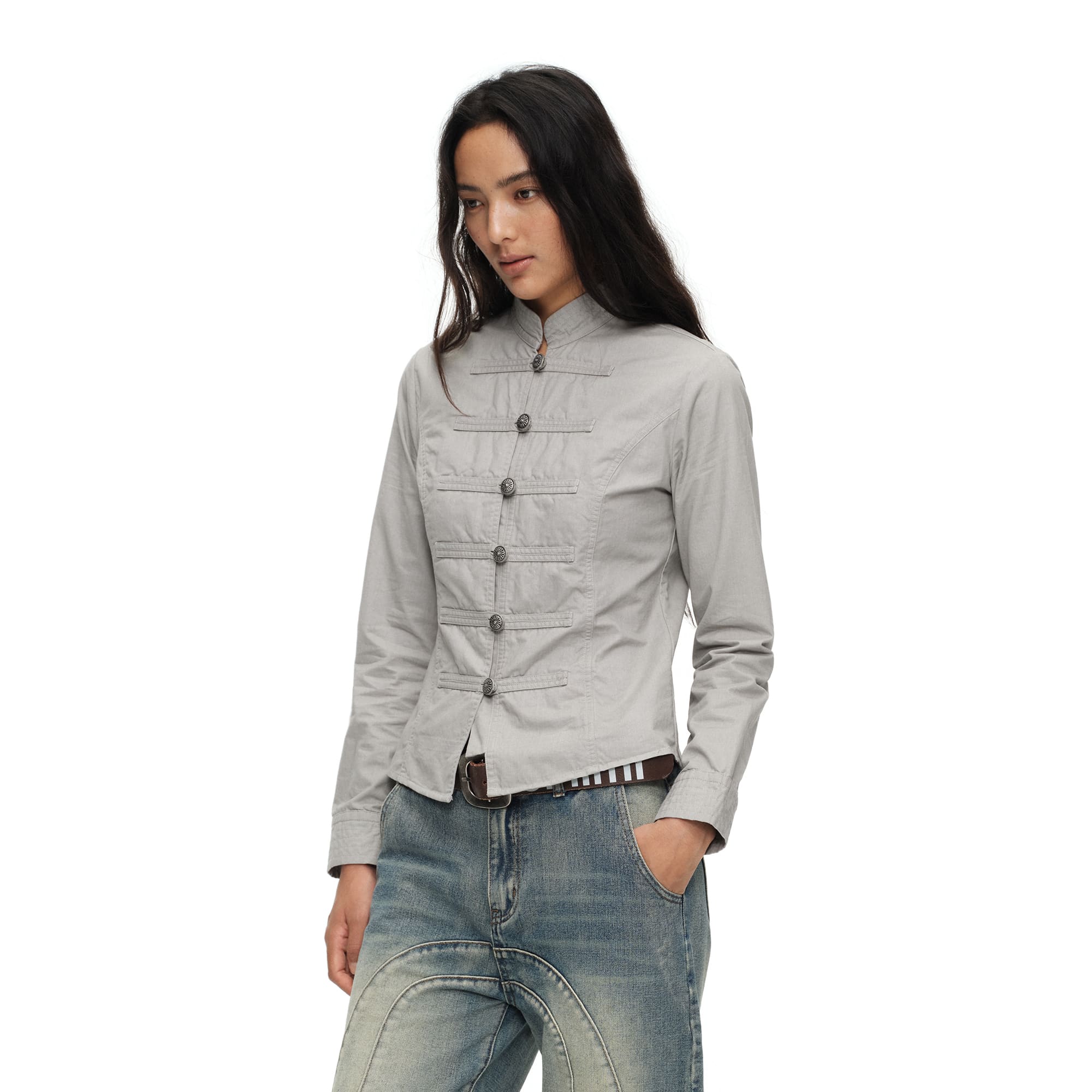 OINIMI Band-Collar Strap-Front Button-Up Jacket