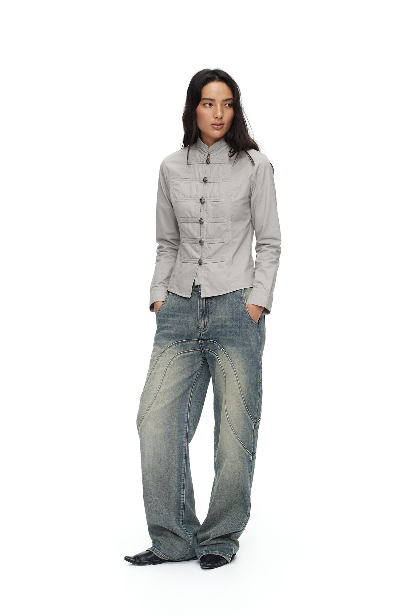 OINIMI Band-Collar Strap-Front Button-Up Jacket