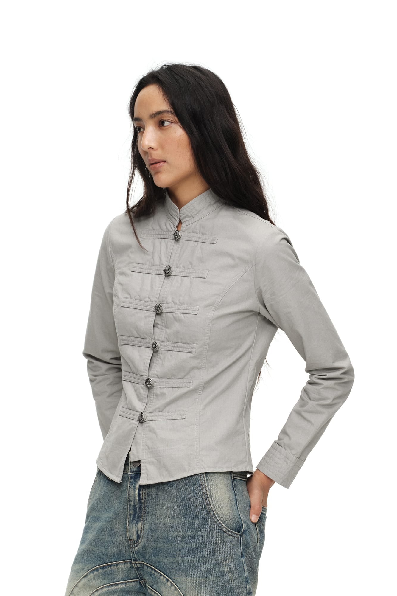 OINIMI Band-Collar Strap-Front Button-Up Jacket