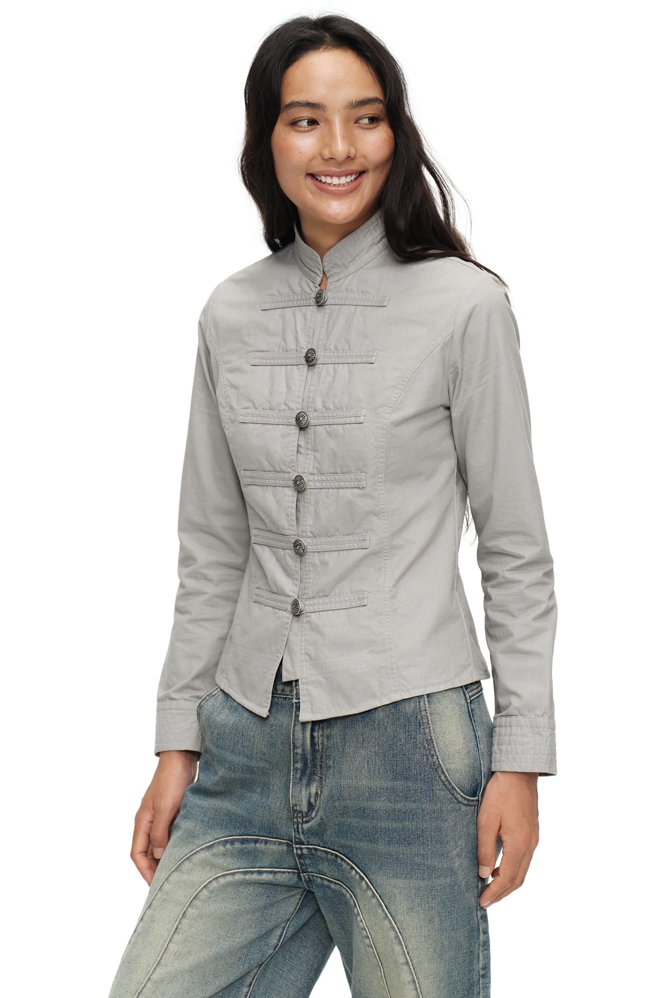 OINIMI Band-Collar Strap-Front Button-Up Jacket
