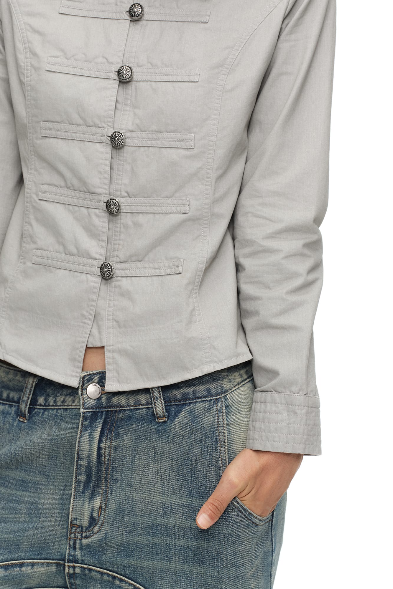 OINIMI Band-Collar Strap-Front Button-Up Jacket