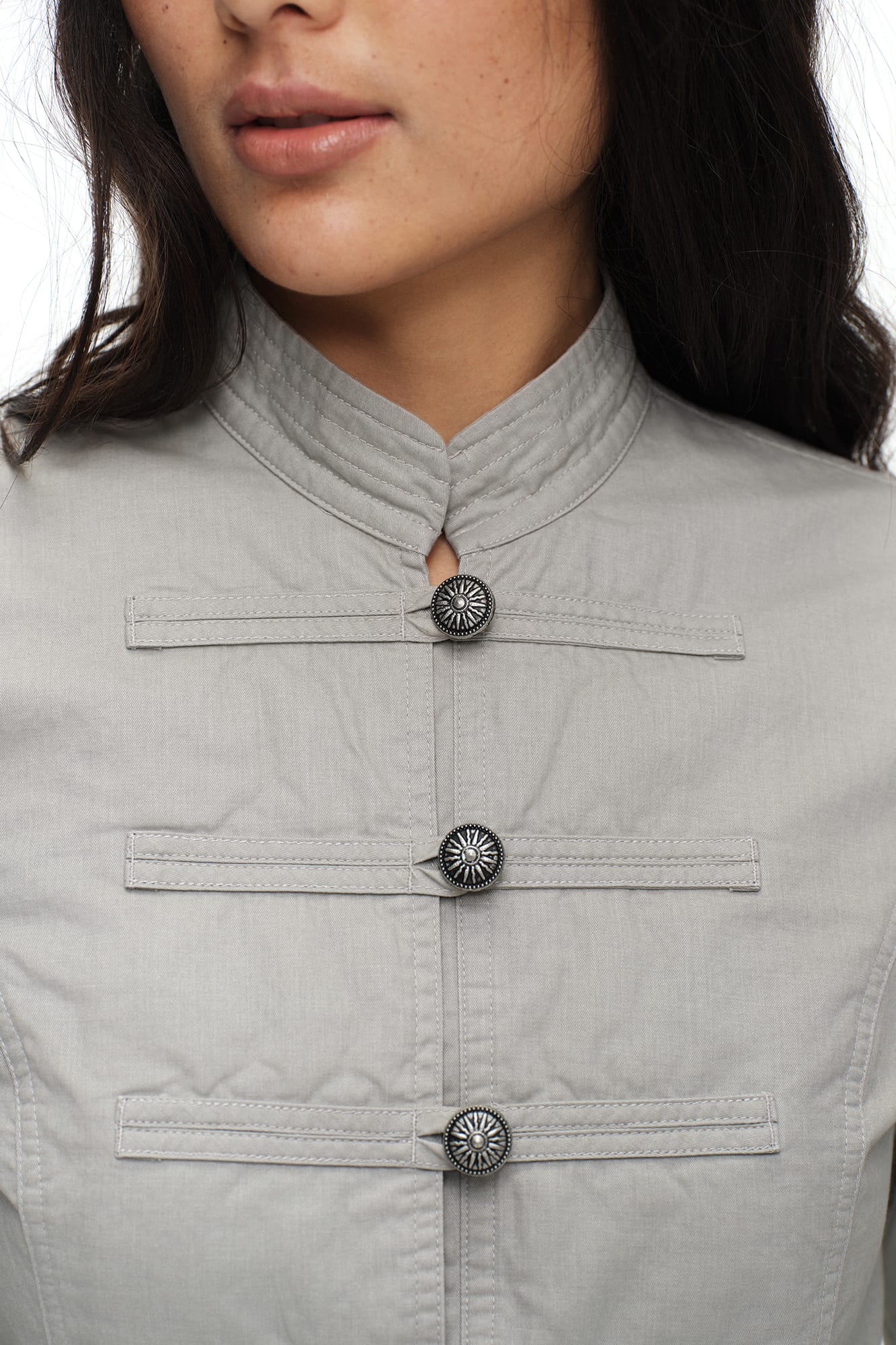 OINIMI Band-Collar Strap-Front Button-Up Jacket