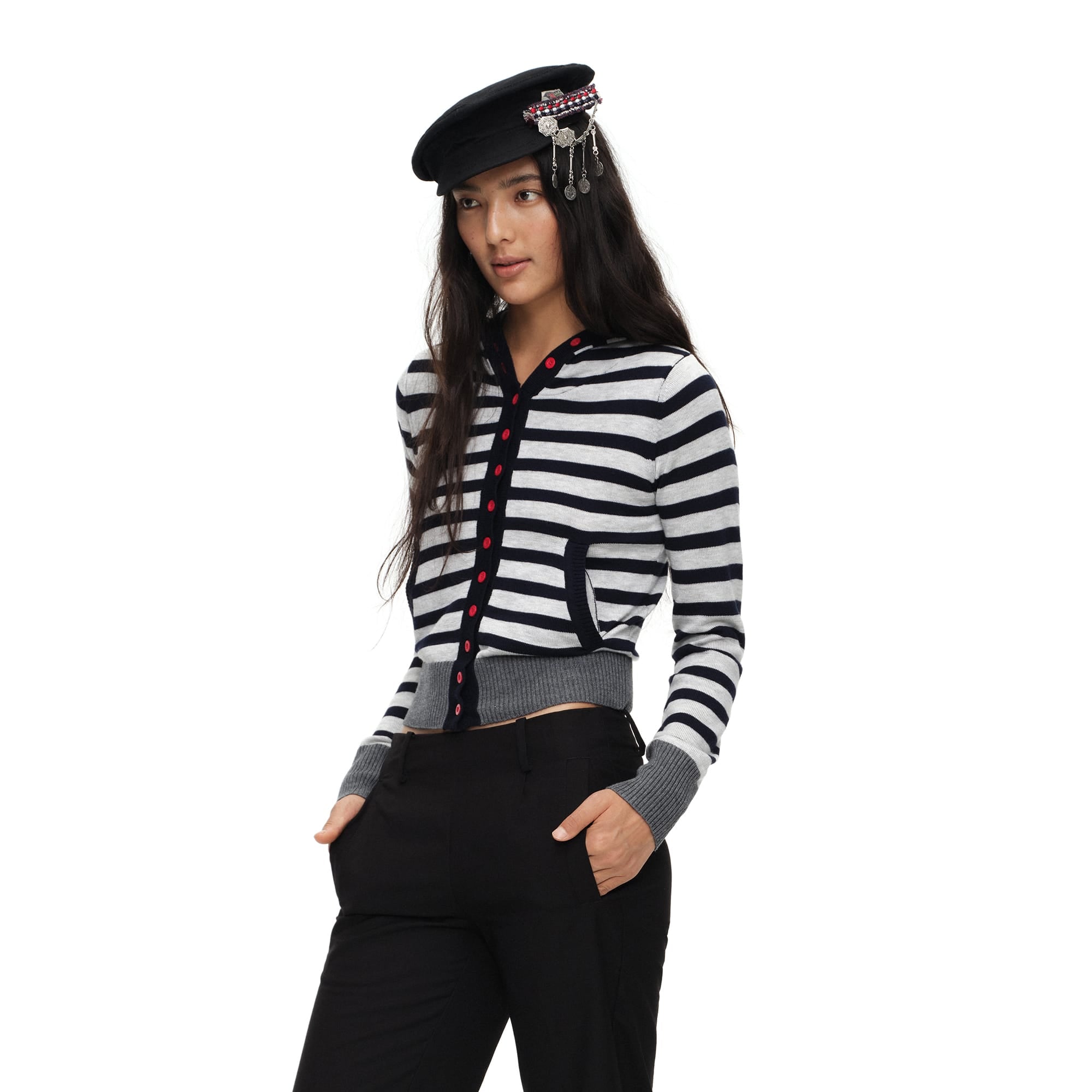 OINIMI Striped Hooded Contrast-Button Cardigan