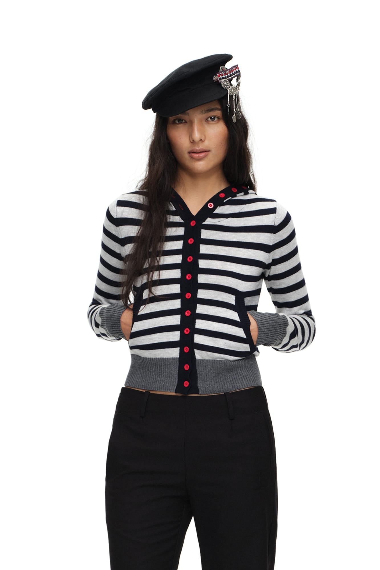 OINIMI Striped Hooded Contrast-Button Cardigan
