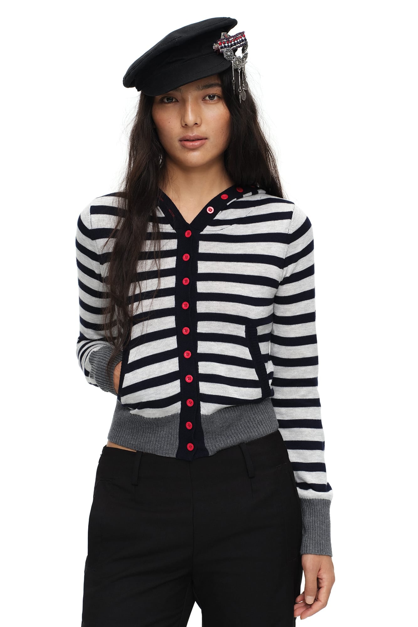 OINIMI Striped Hooded Contrast-Button Cardigan