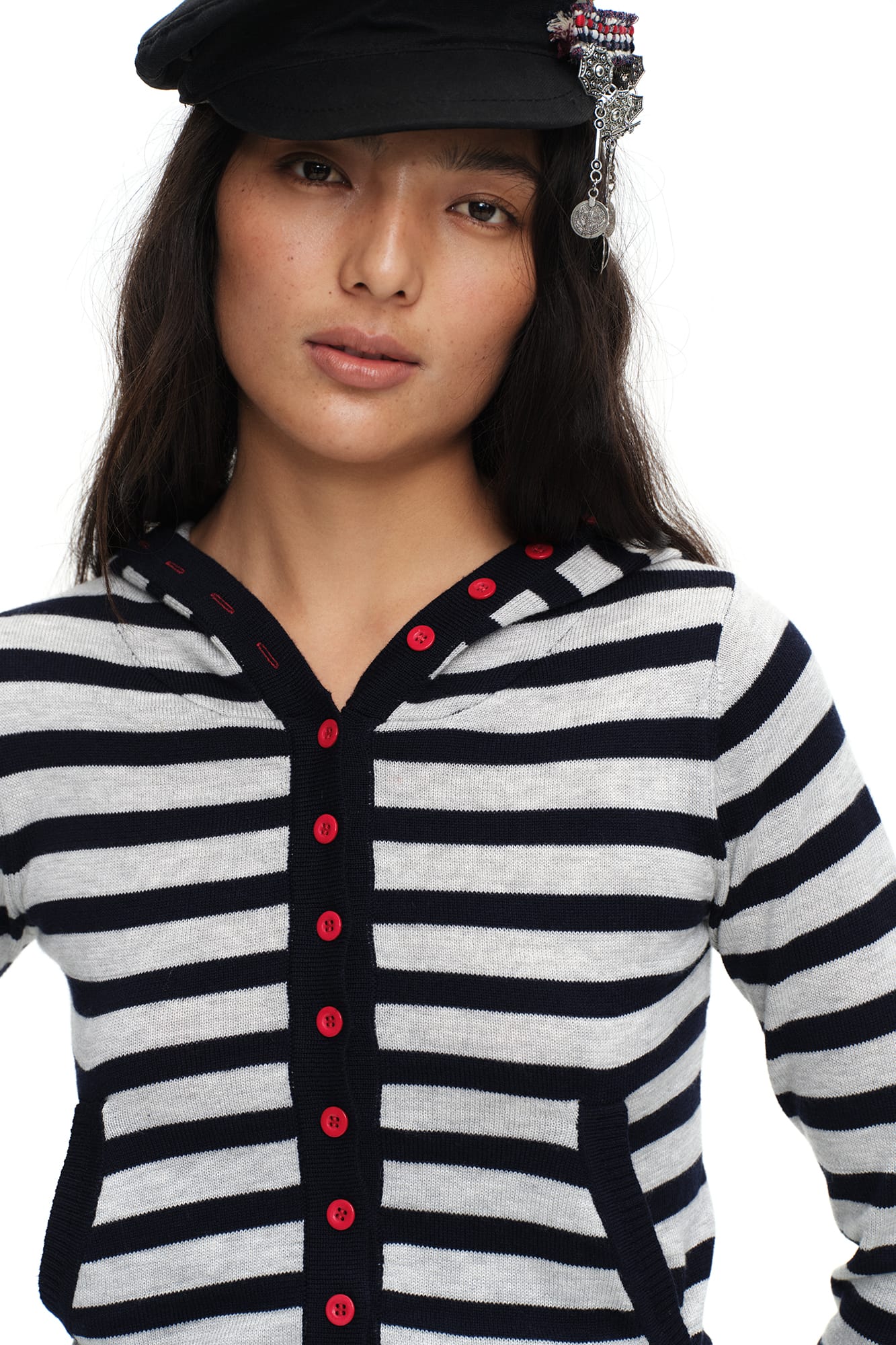 OINIMI Striped Hooded Contrast-Button Cardigan