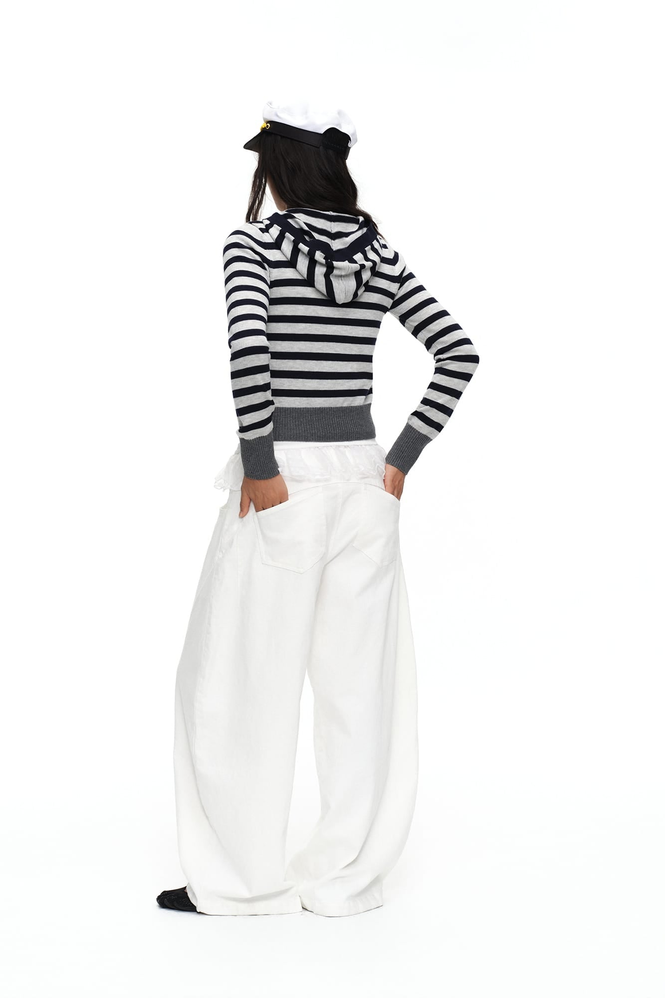 OINIMI Striped Hooded Contrast-Button Cardigan