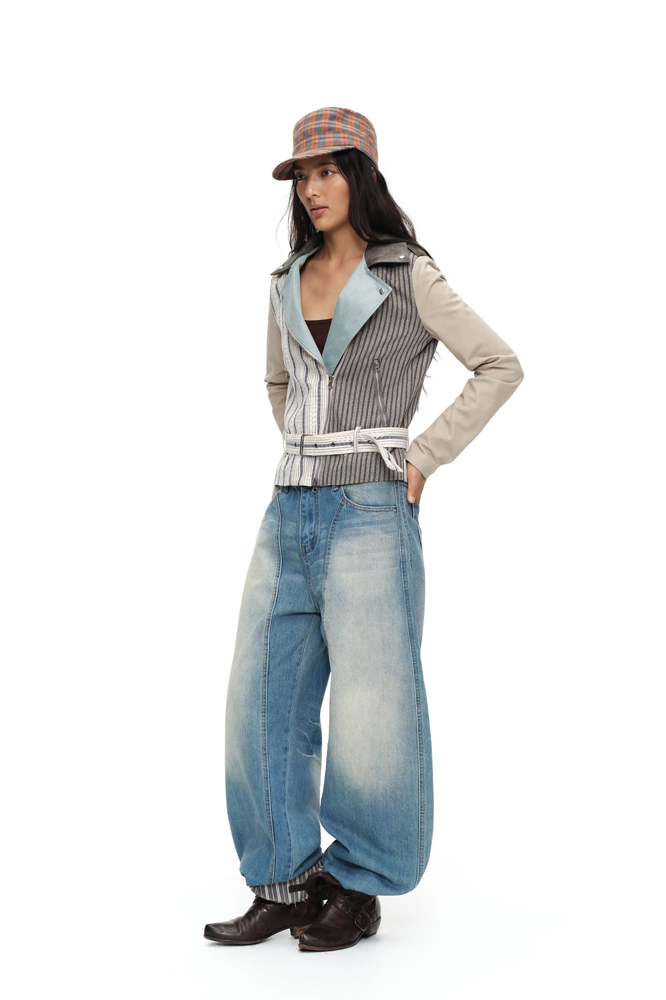 OINIMI Spliced Stripe Paneled Belted Moto Jacket