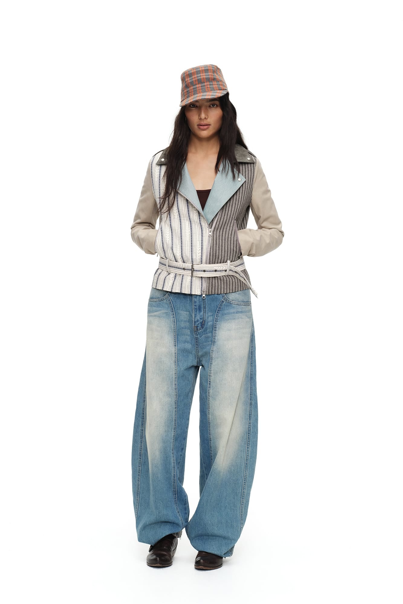 OINIMI Spliced Stripe Paneled Belted Moto Jacket