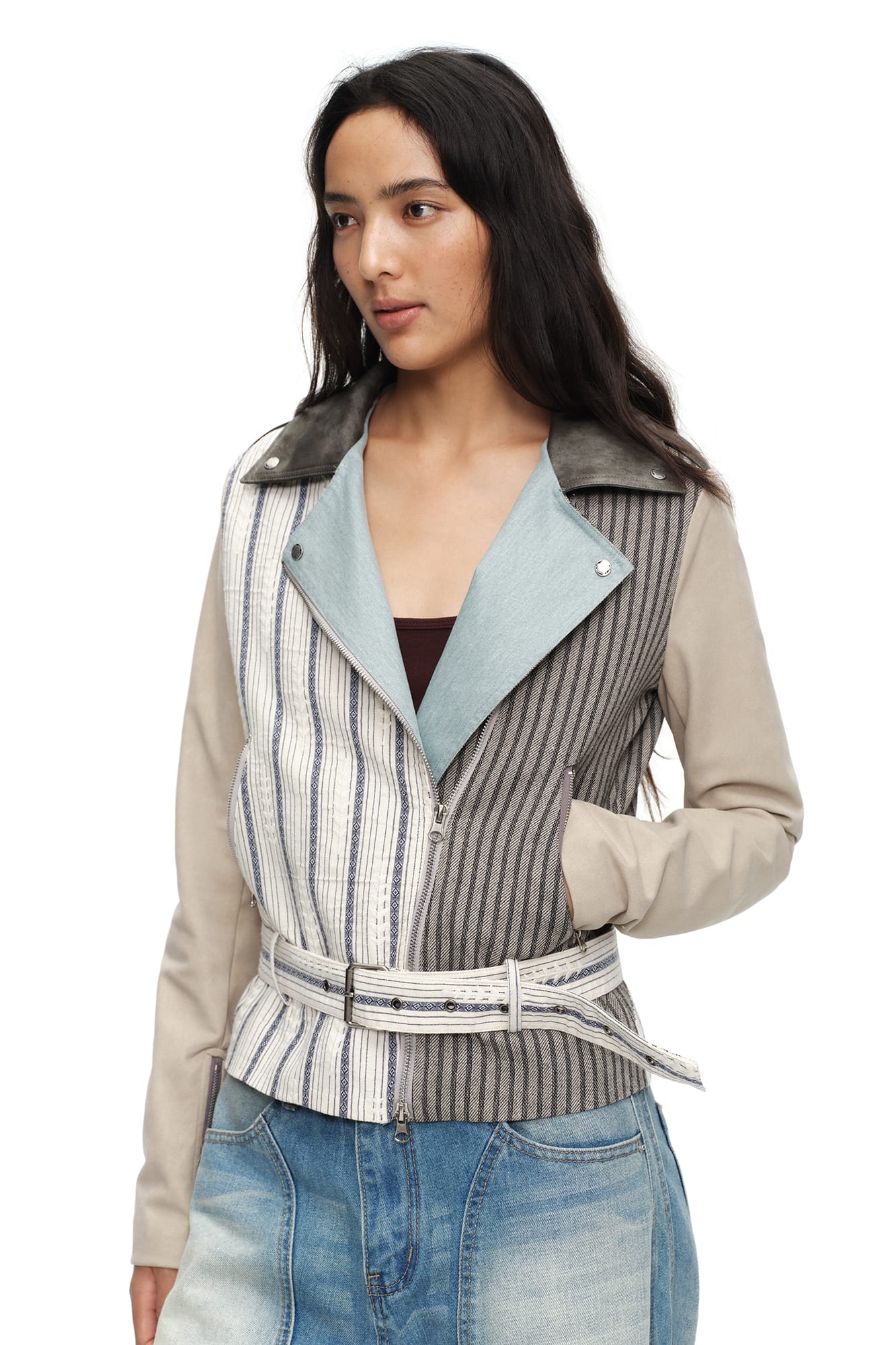 OINIMI Spliced Stripe Paneled Belted Moto Jacket