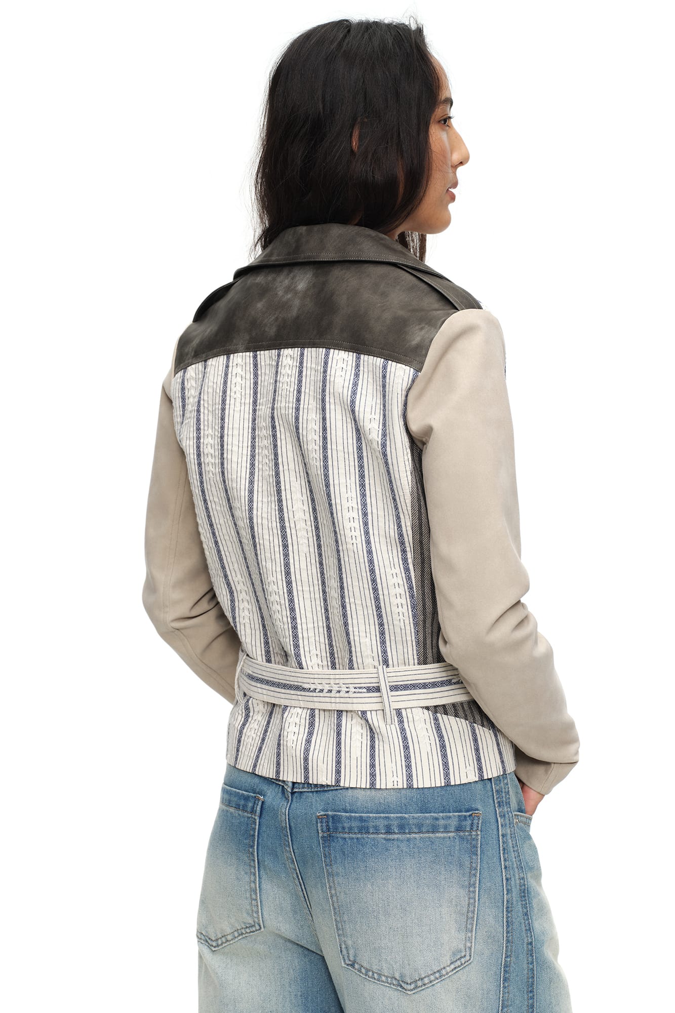 OINIMI Spliced Stripe Paneled Belted Moto Jacket