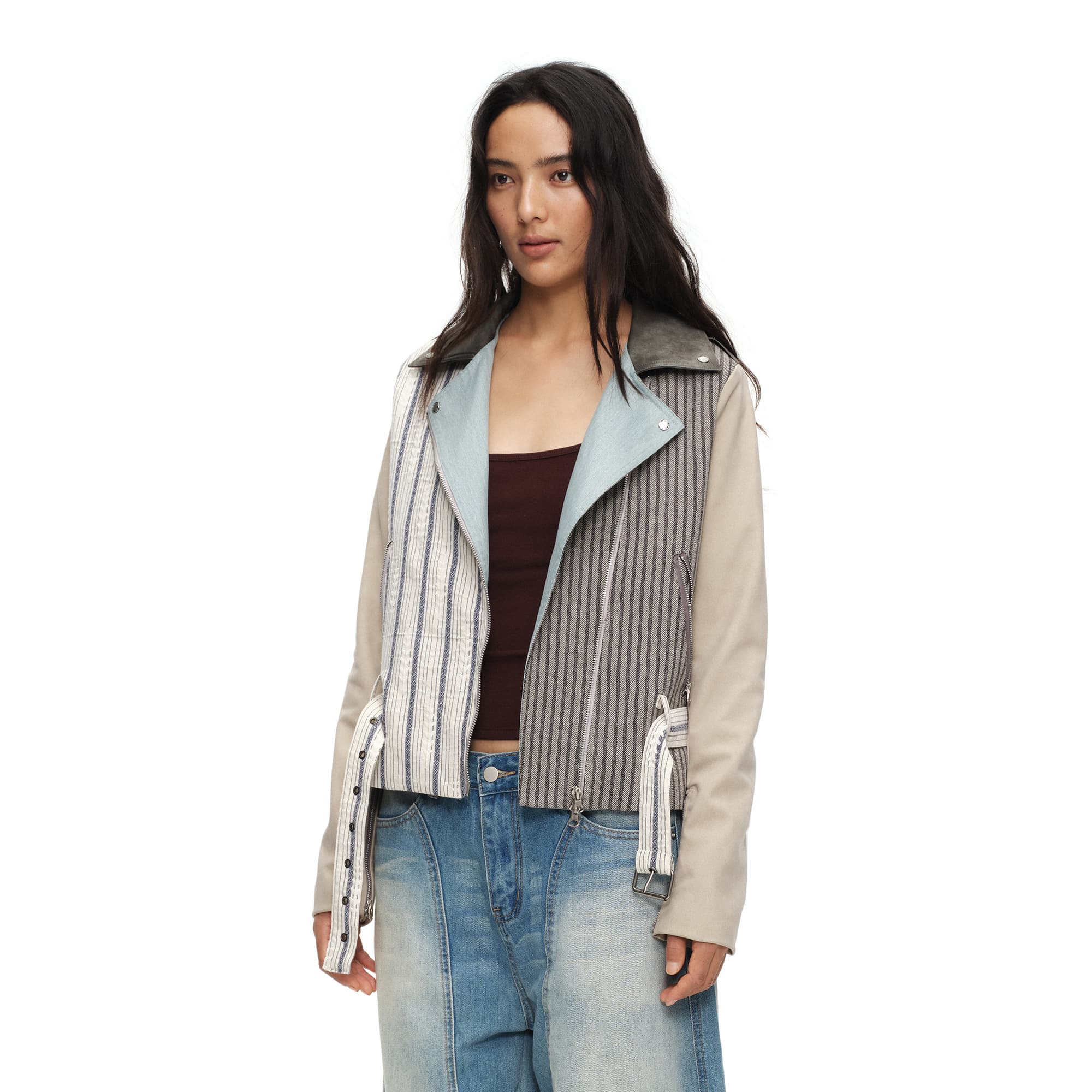 OINIMI Spliced Stripe Paneled Belted Moto Jacket
