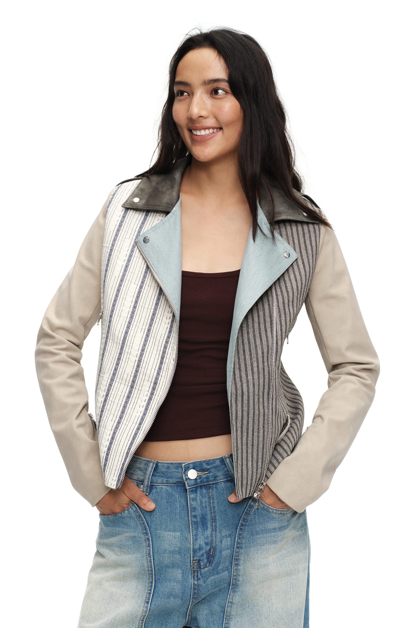 OINIMI Spliced Stripe Paneled Belted Moto Jacket