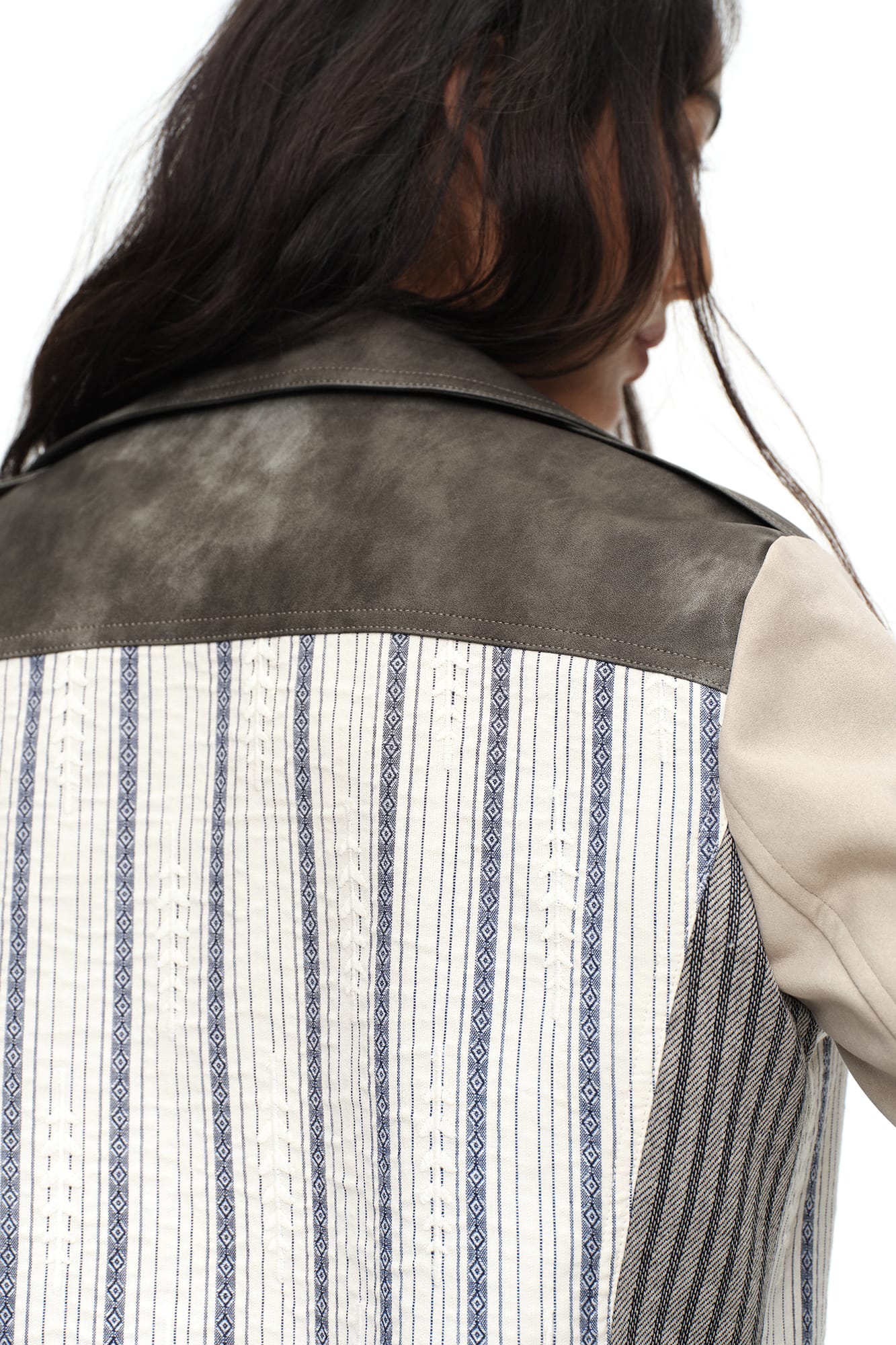OINIMI Spliced Stripe Paneled Belted Moto Jacket