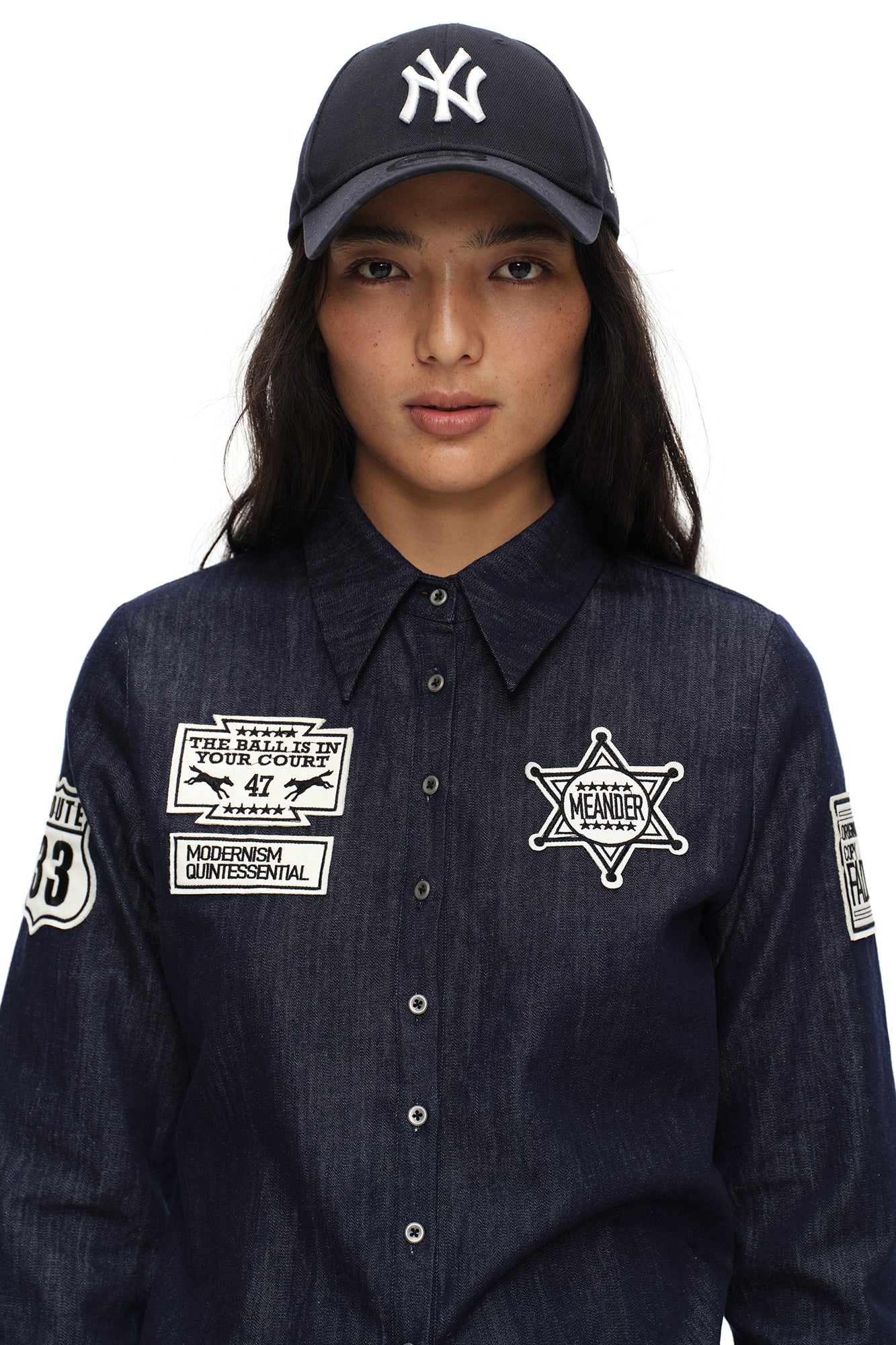 OINIMI Badge-Patch Waist-Cinched Denim Shirt