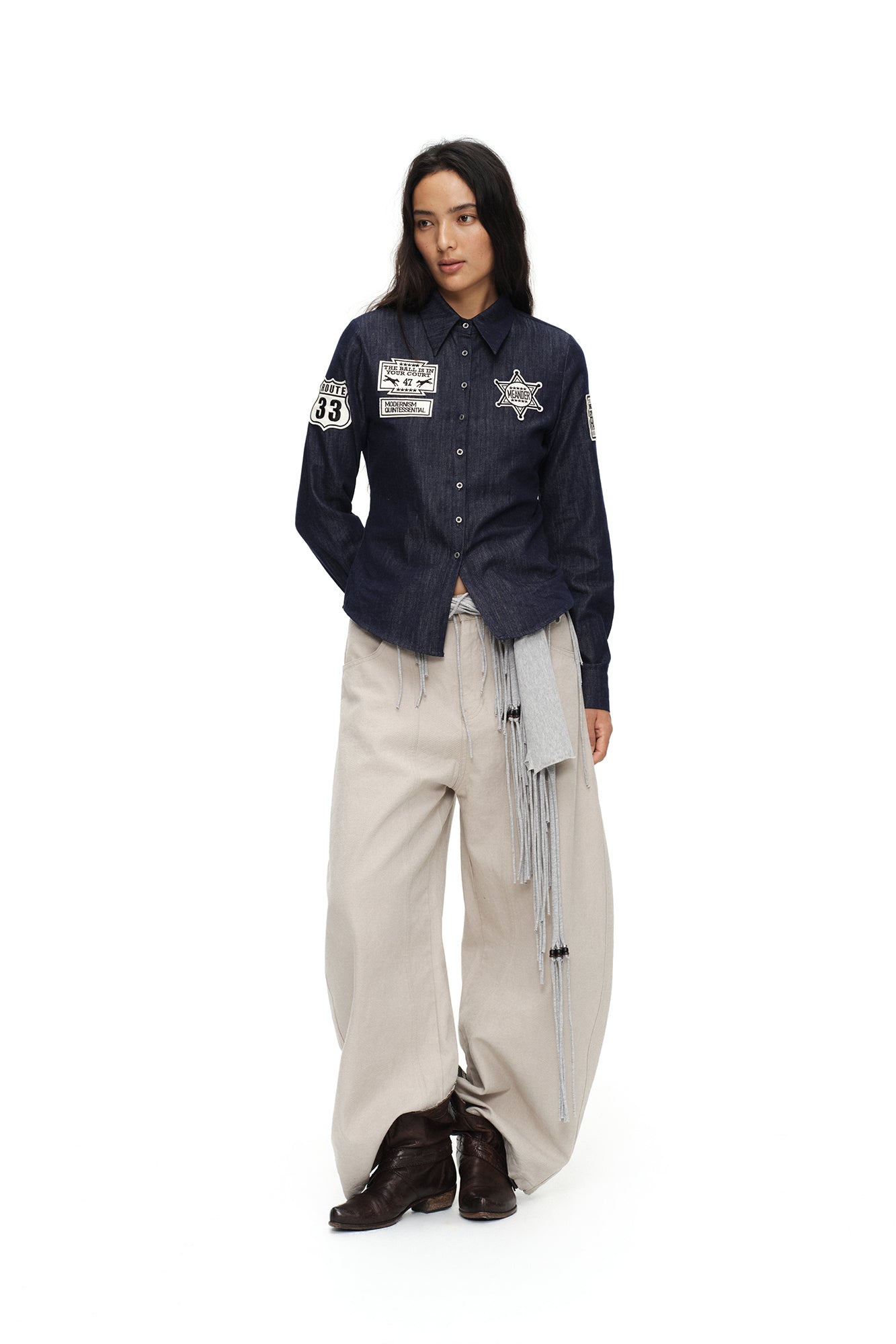 OINIMI Badge-Patch Waist-Cinched Denim Shirt