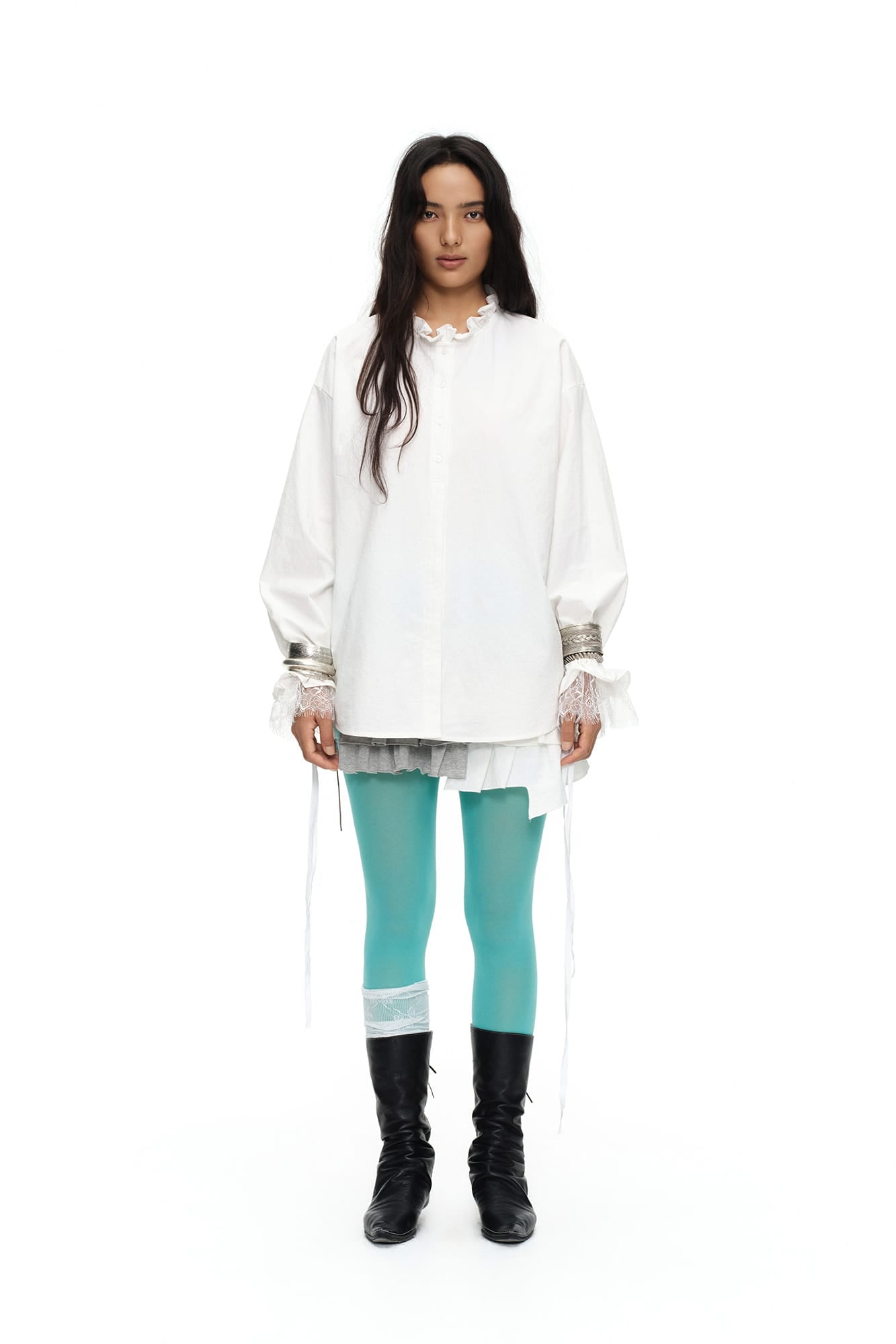 OINIMI Ruffled Collar Lace Drawstring-Cuff Shirt