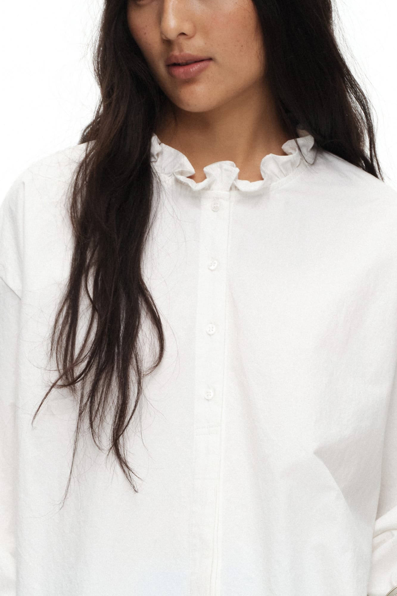 OINIMI Ruffled Collar Lace Drawstring-Cuff Shirt