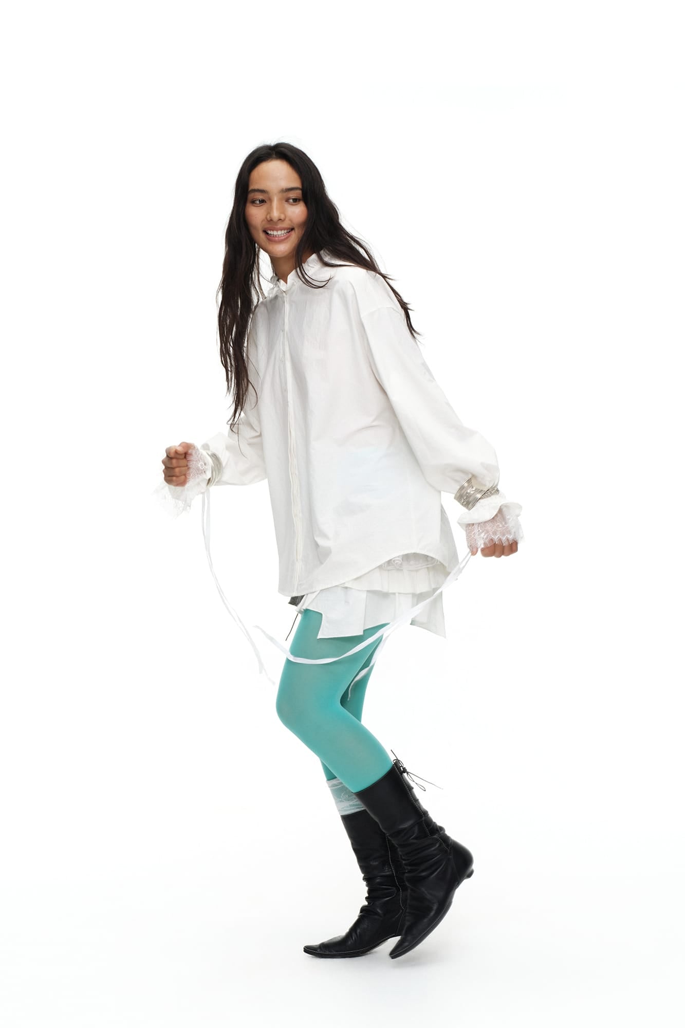 OINIMI Ruffled Collar Lace Drawstring-Cuff Shirt