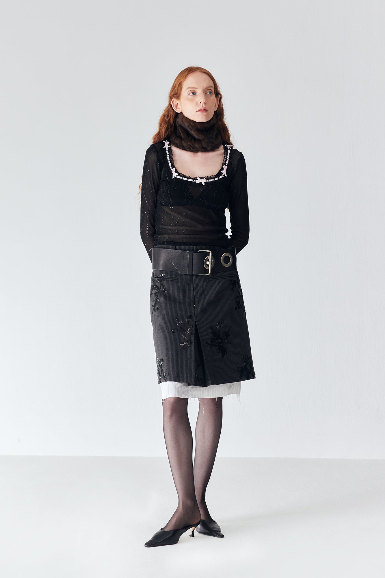 JIUWU PARK Contrast Bow-Trim Mesh Long-Sleeve Tee