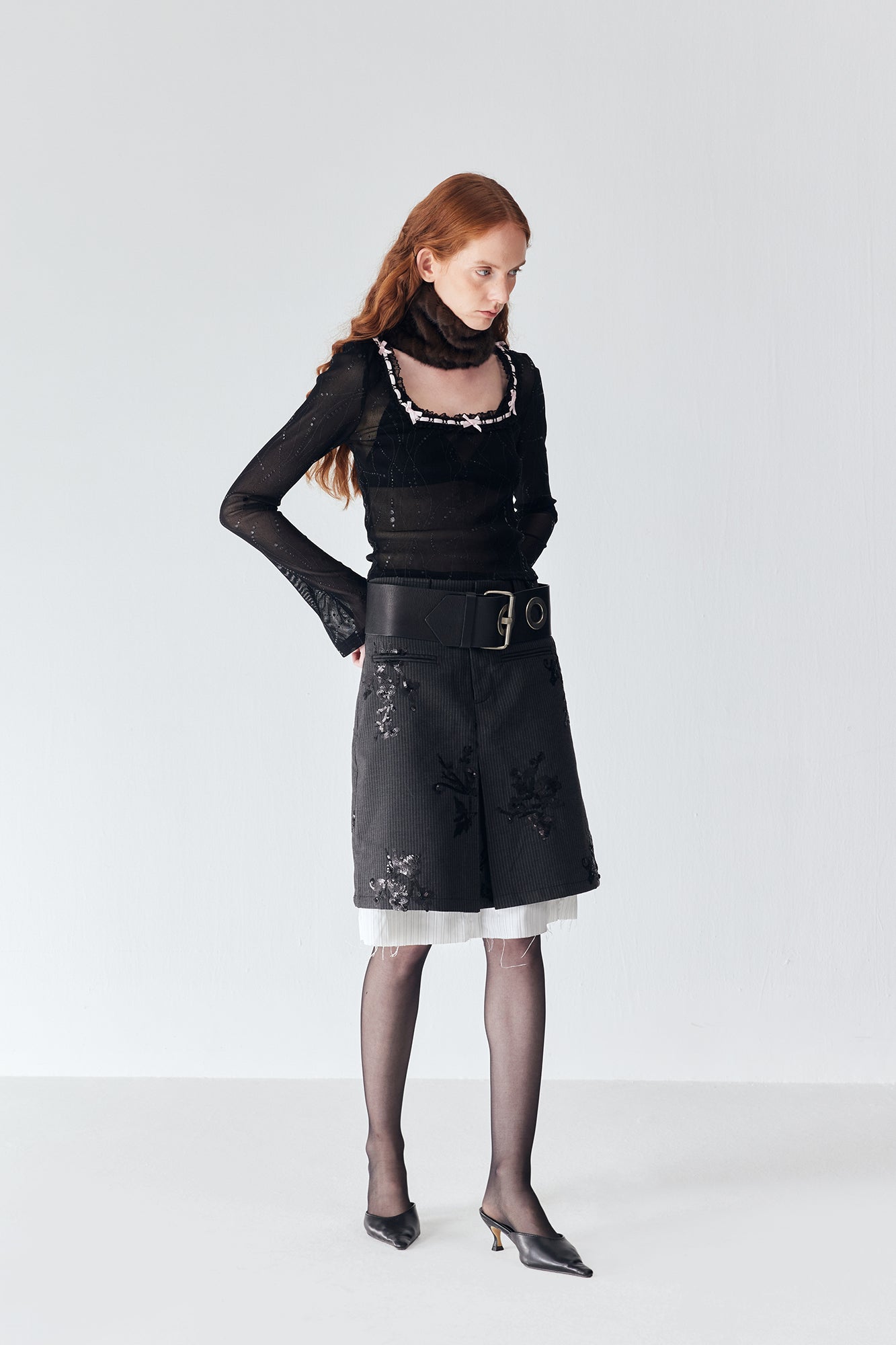 JIUWU PARK Contrast Bow-Trim Mesh Long-Sleeve Tee