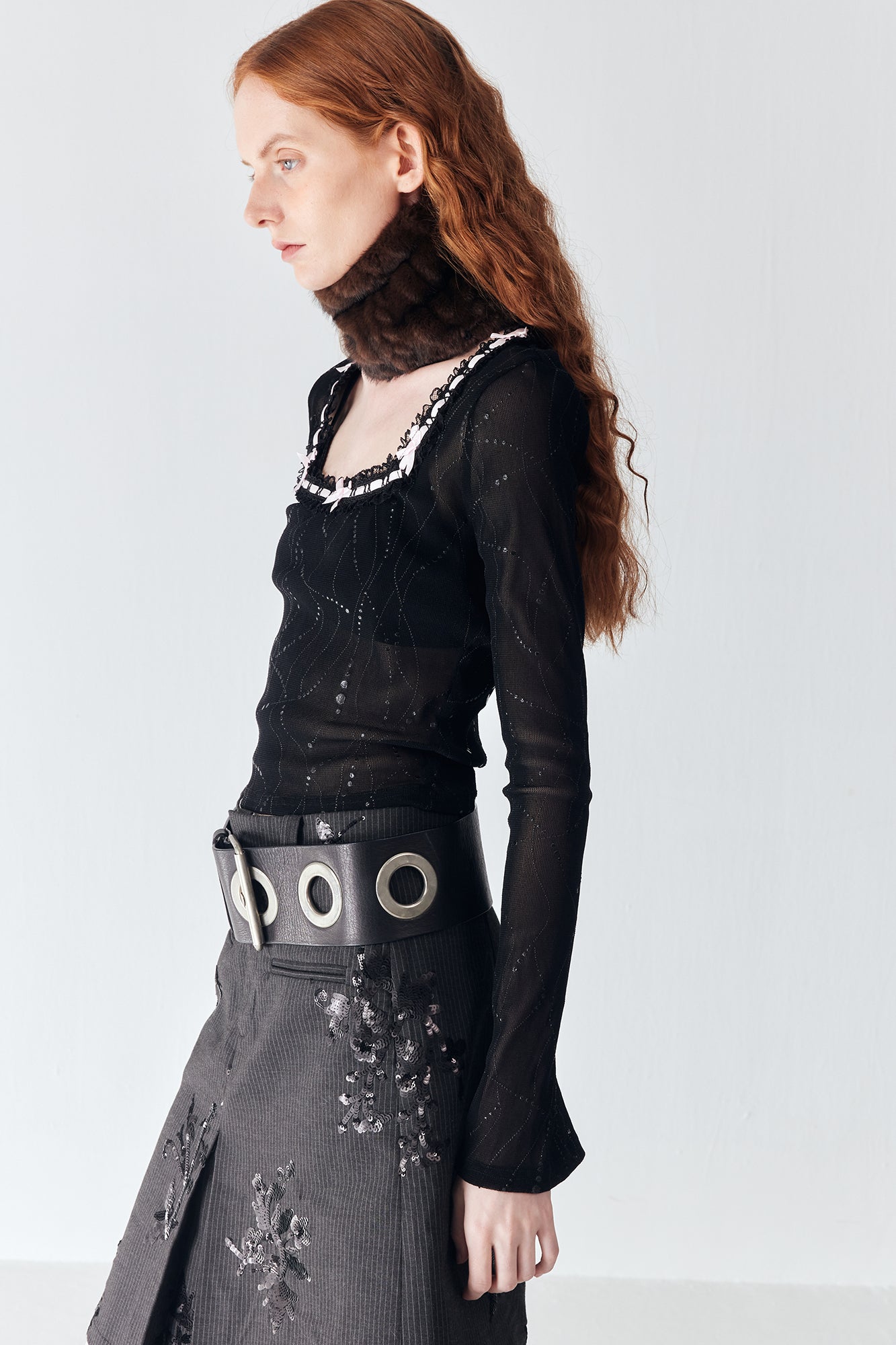 JIUWU PARK Contrast Bow-Trim Mesh Long-Sleeve Tee