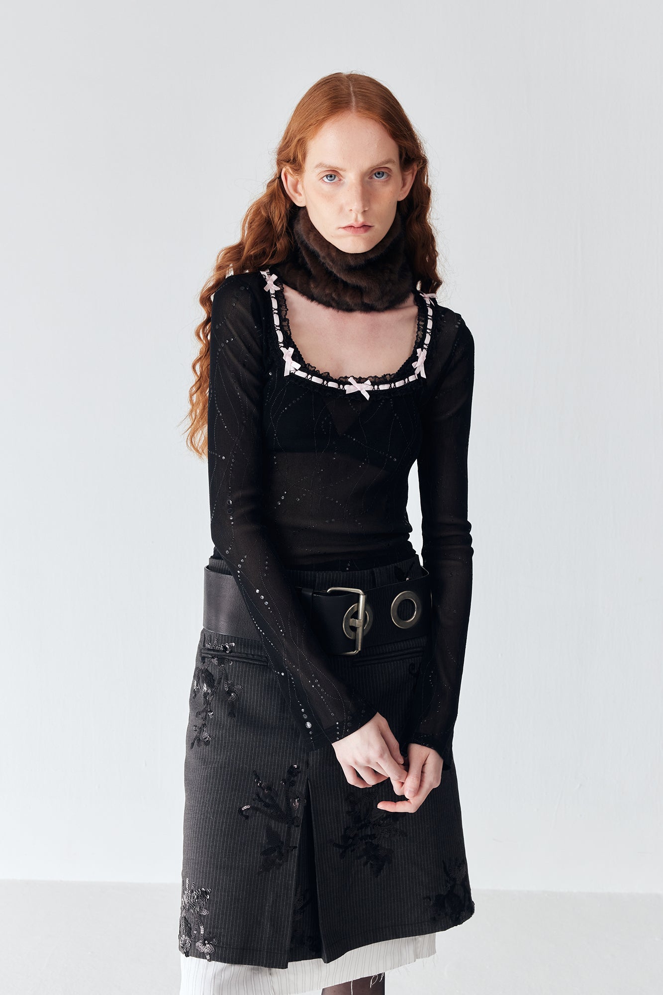 JIUWU PARK Contrast Bow-Trim Mesh Long-Sleeve Tee