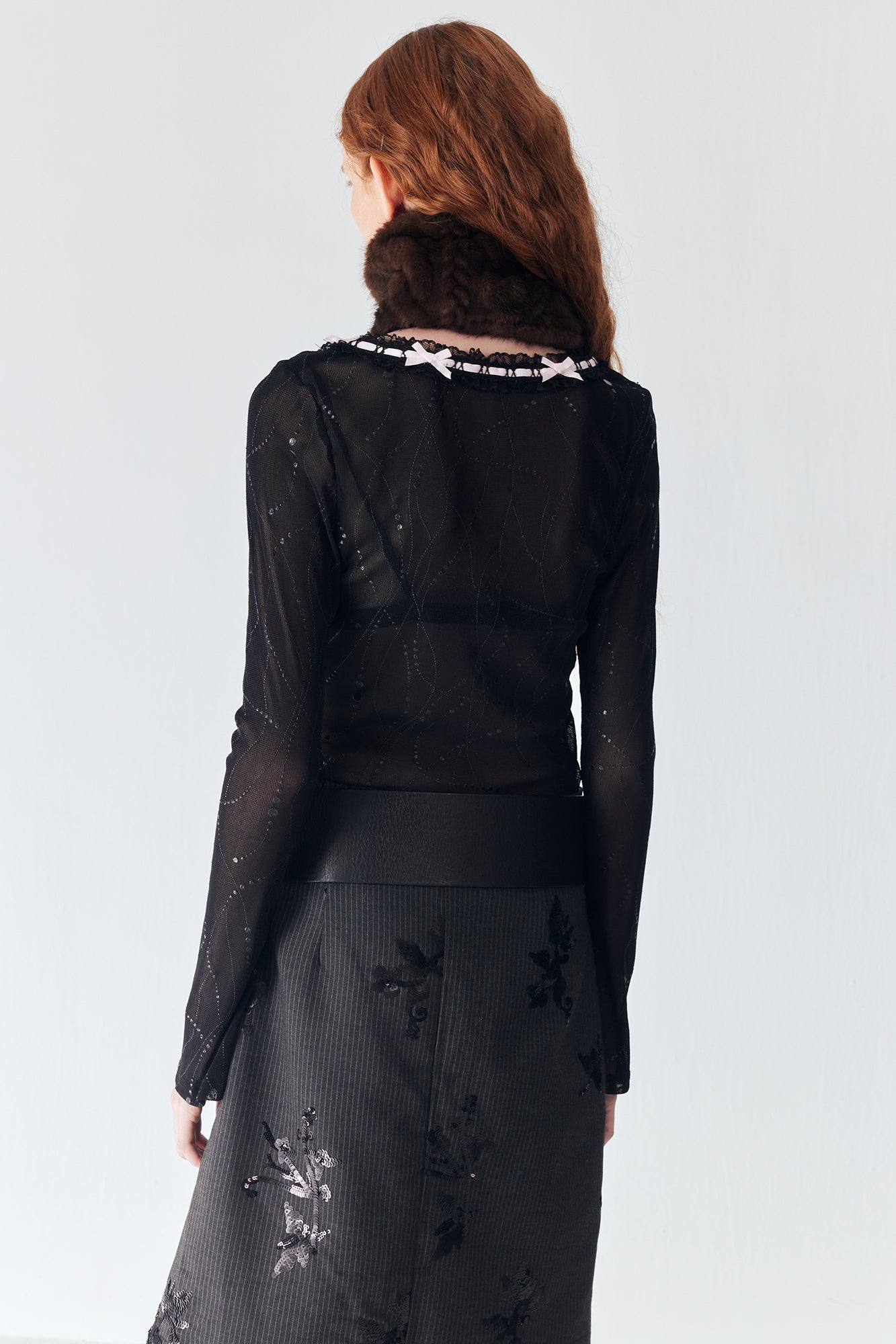 JIUWU PARK Contrast Bow-Trim Mesh Long-Sleeve Tee