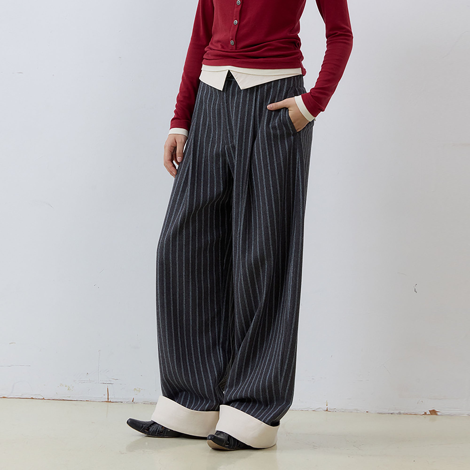 NOESE Foldover Waist Pinstripe Wool-Blend Wide-Leg Trousers