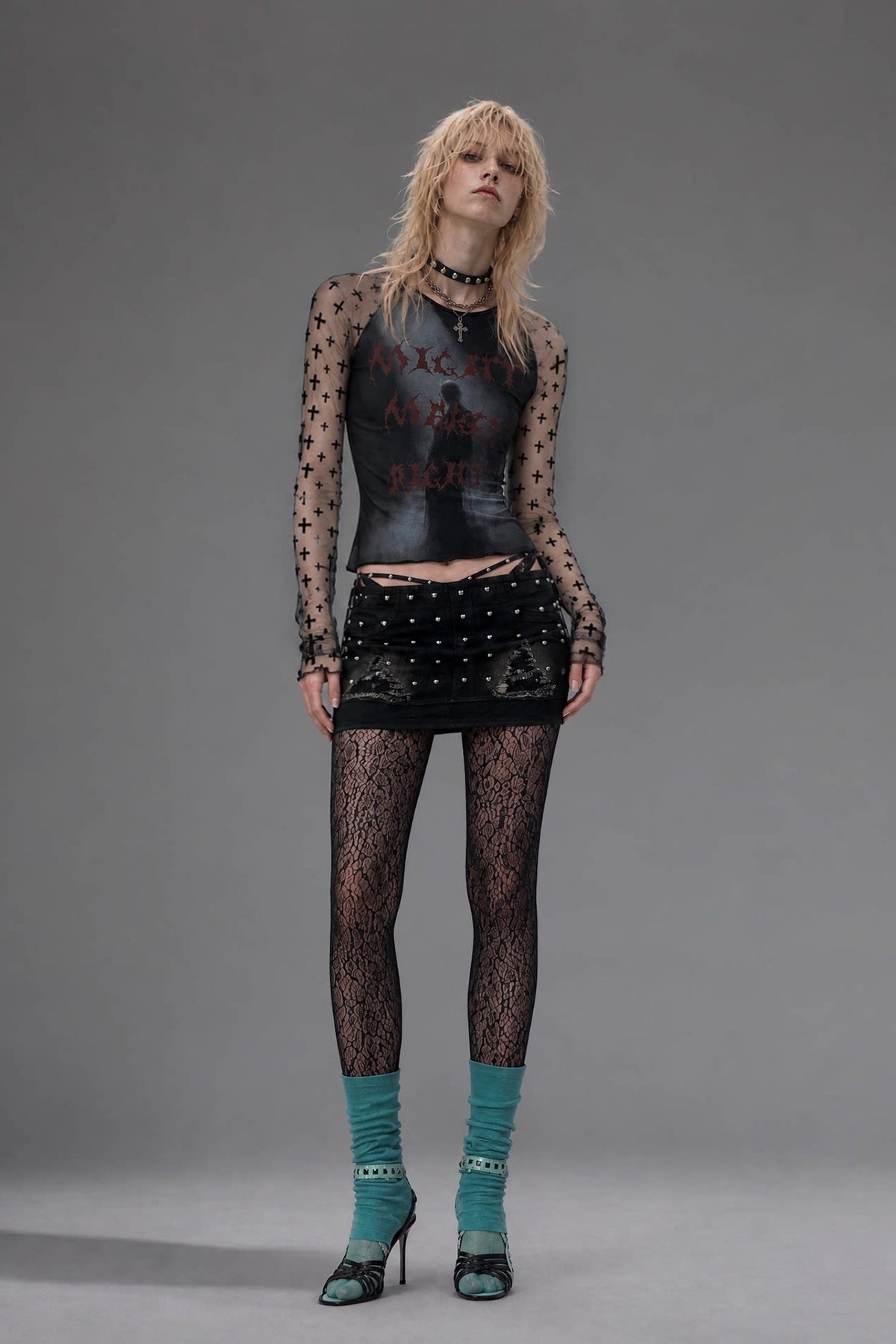 EMOHA Graphic Mesh Slim Long-Sleeve Tee — full body