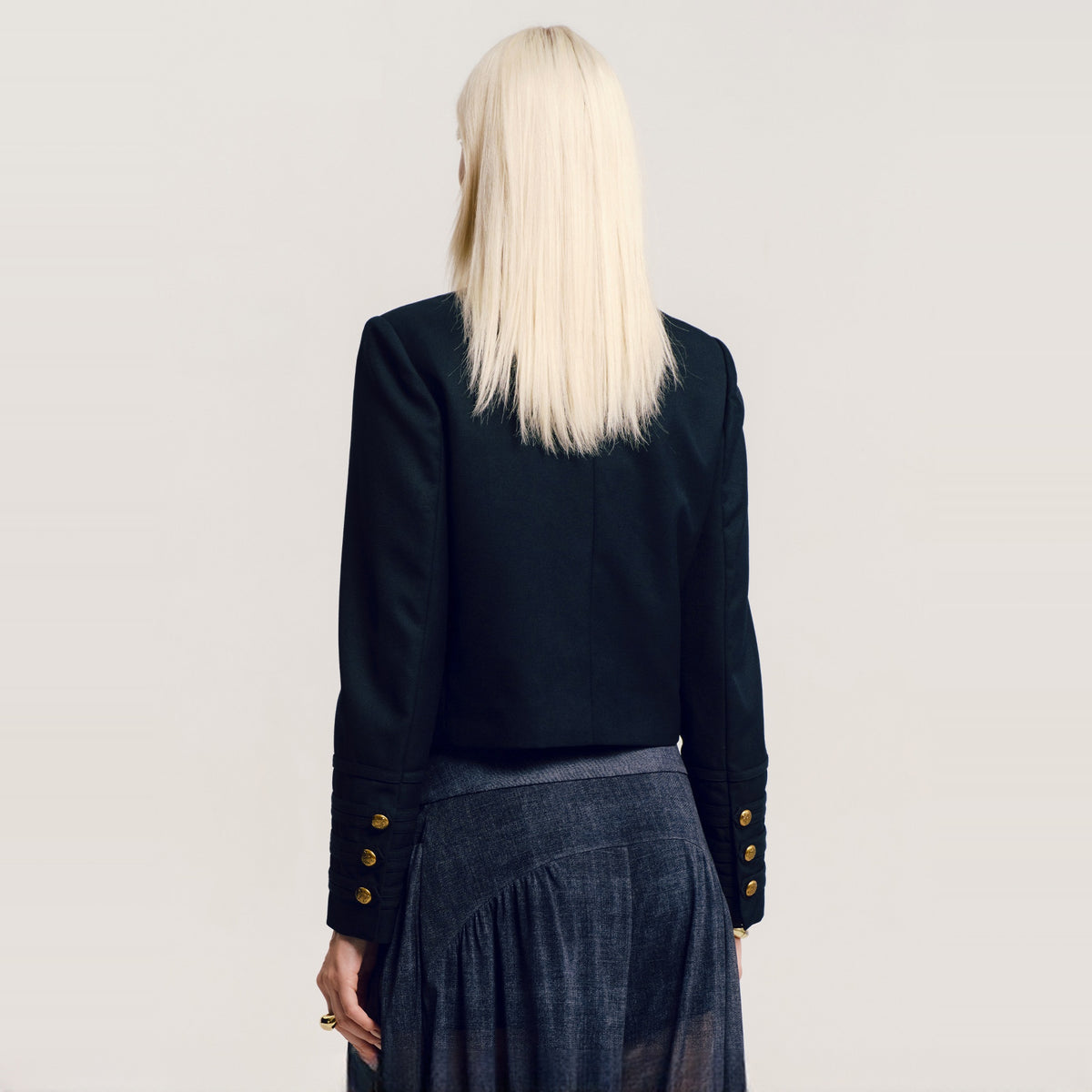 AWOKENTIME Padded-Shoulder Stand-Collar Wool-Blend Metal-Button Blazer — square · back