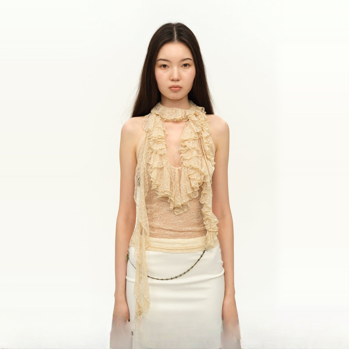 DOTYEARS Two-Tone Lace Spliced Halter Top — square · front · Beige