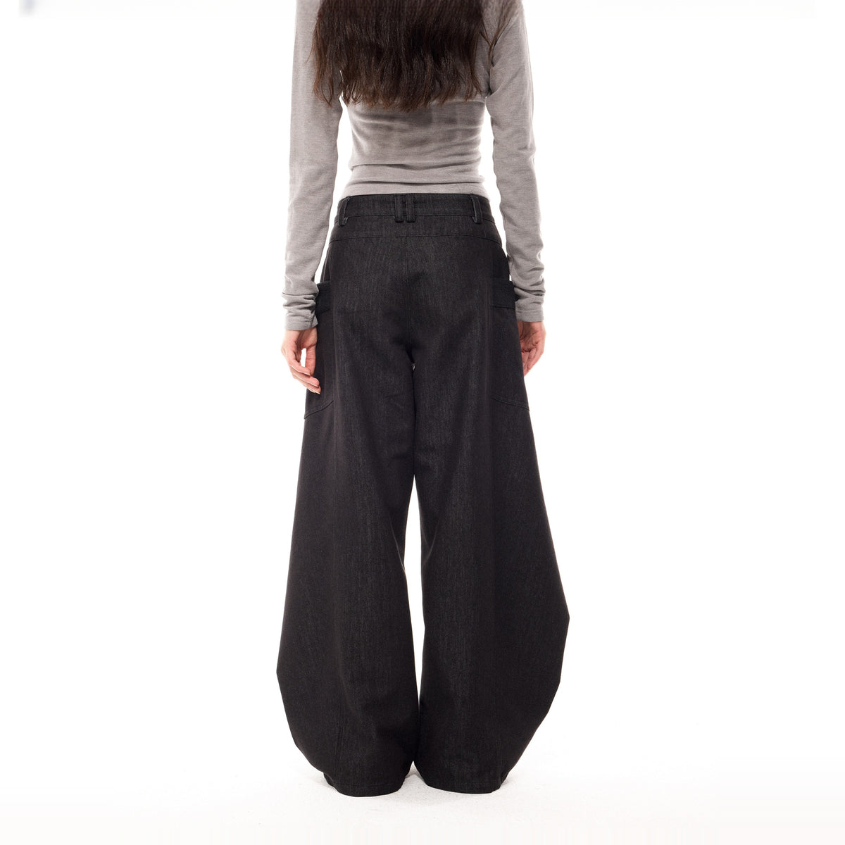 COSTUSTOOT Deconstructed Faux Two-Piece Curved Wide-Leg Black Jeans — square · back