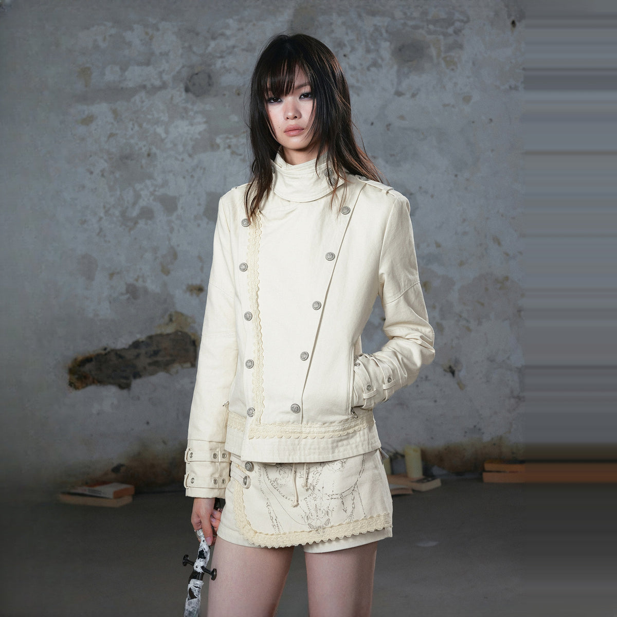 CESTNOUS Washed Lace-Trimmed Napoleon Collar Military Jacket — square · front · Cream
