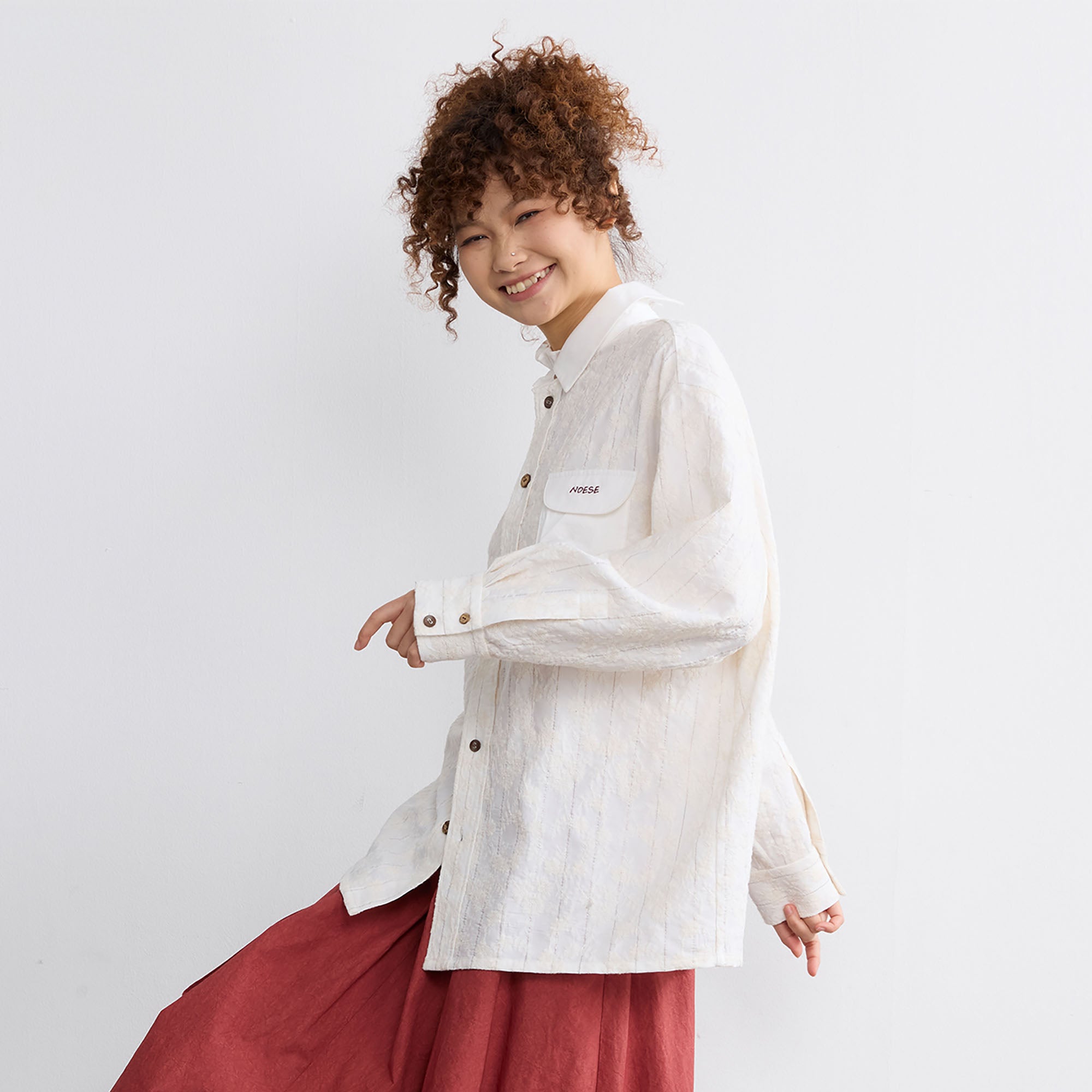 NOESE Asymmetrical Ruffle Collar Embroidered Shirt