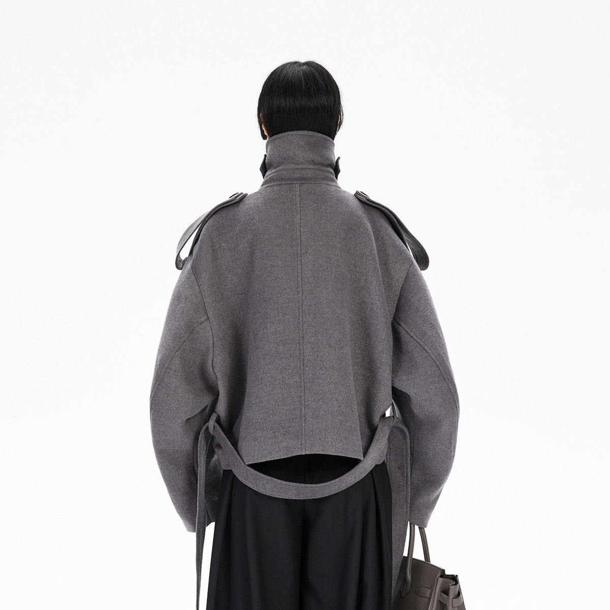 TINY IN STUDIO Asymmetrical Placket Cropped Wool-Blend Coat — square · back