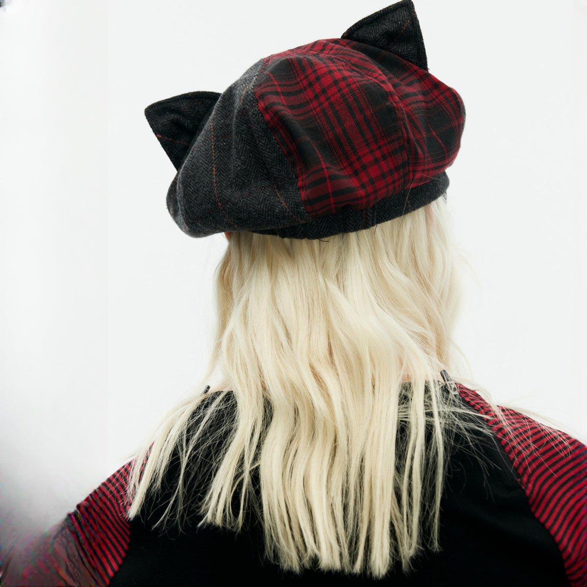 EMOHA Cat Ear Plaid Newsboy Cap — square · back
