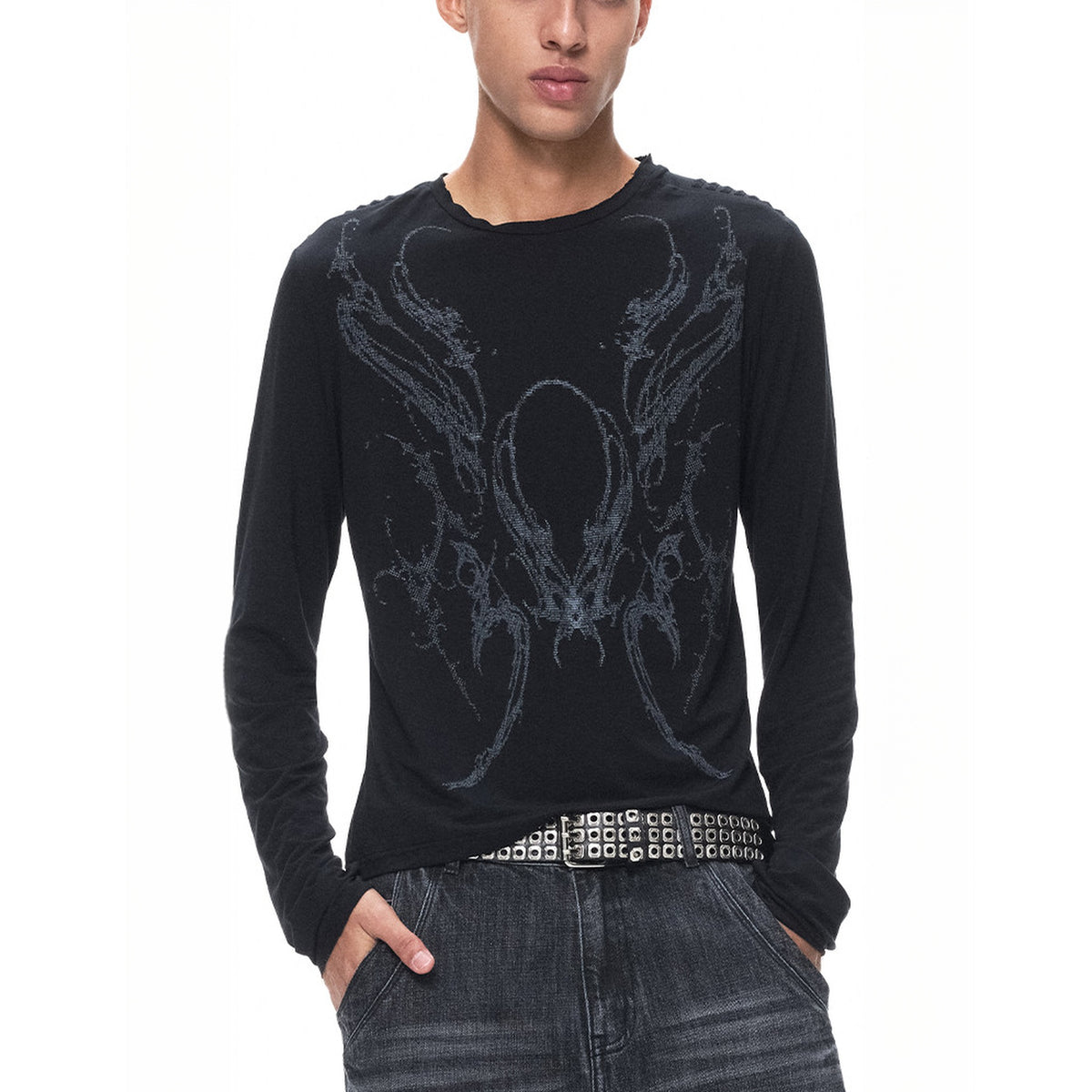 3MODE Oversized Retro Long-Sleeve Tee — square · front · Black