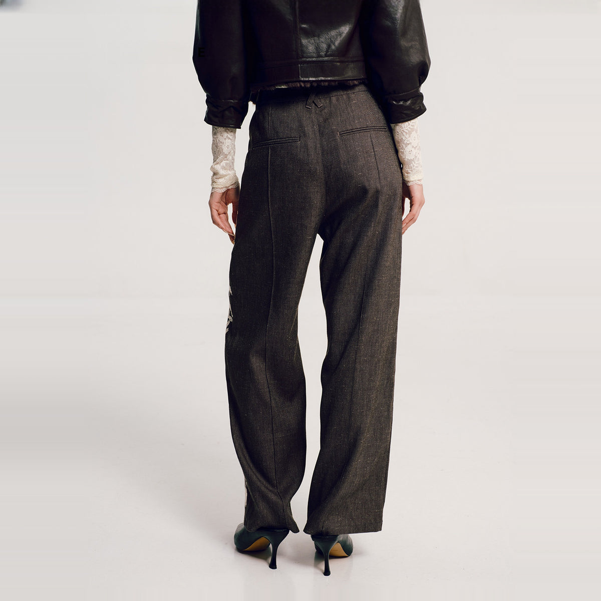 AWOKENTIME Floral Embroidered Linen-Blend Flared Trousers — square · back