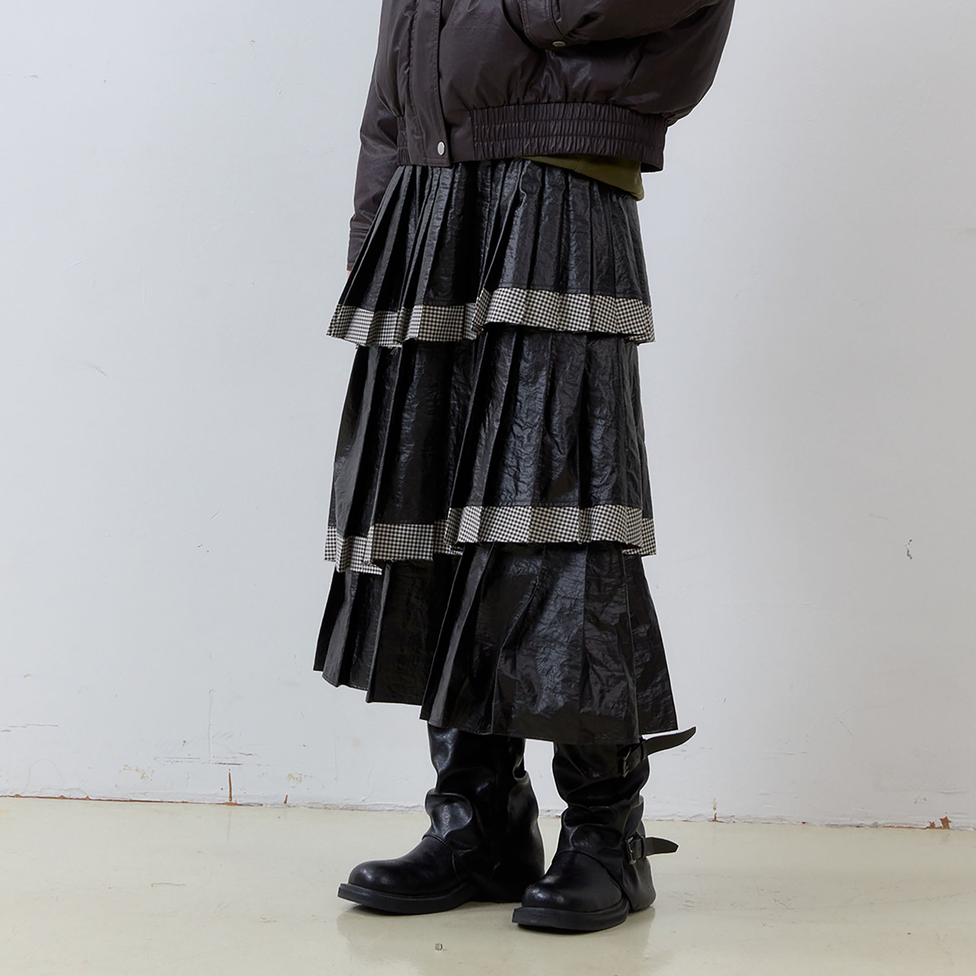 NOESE Faux Leather Pleated Layered Cake Skirt