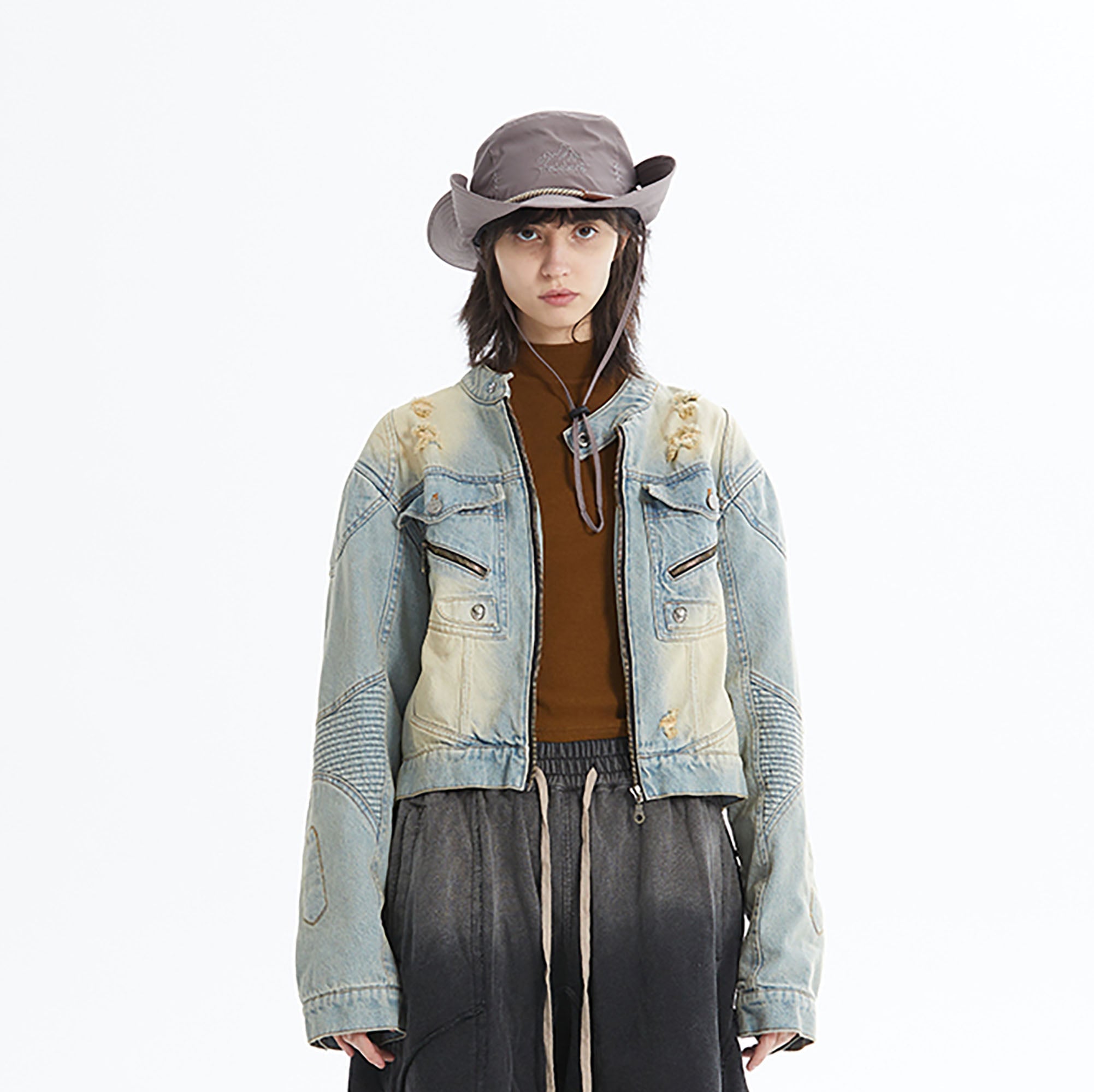 ERROR CODE ROBOT Distressed Washed Cropped Biker Denim Jacket
